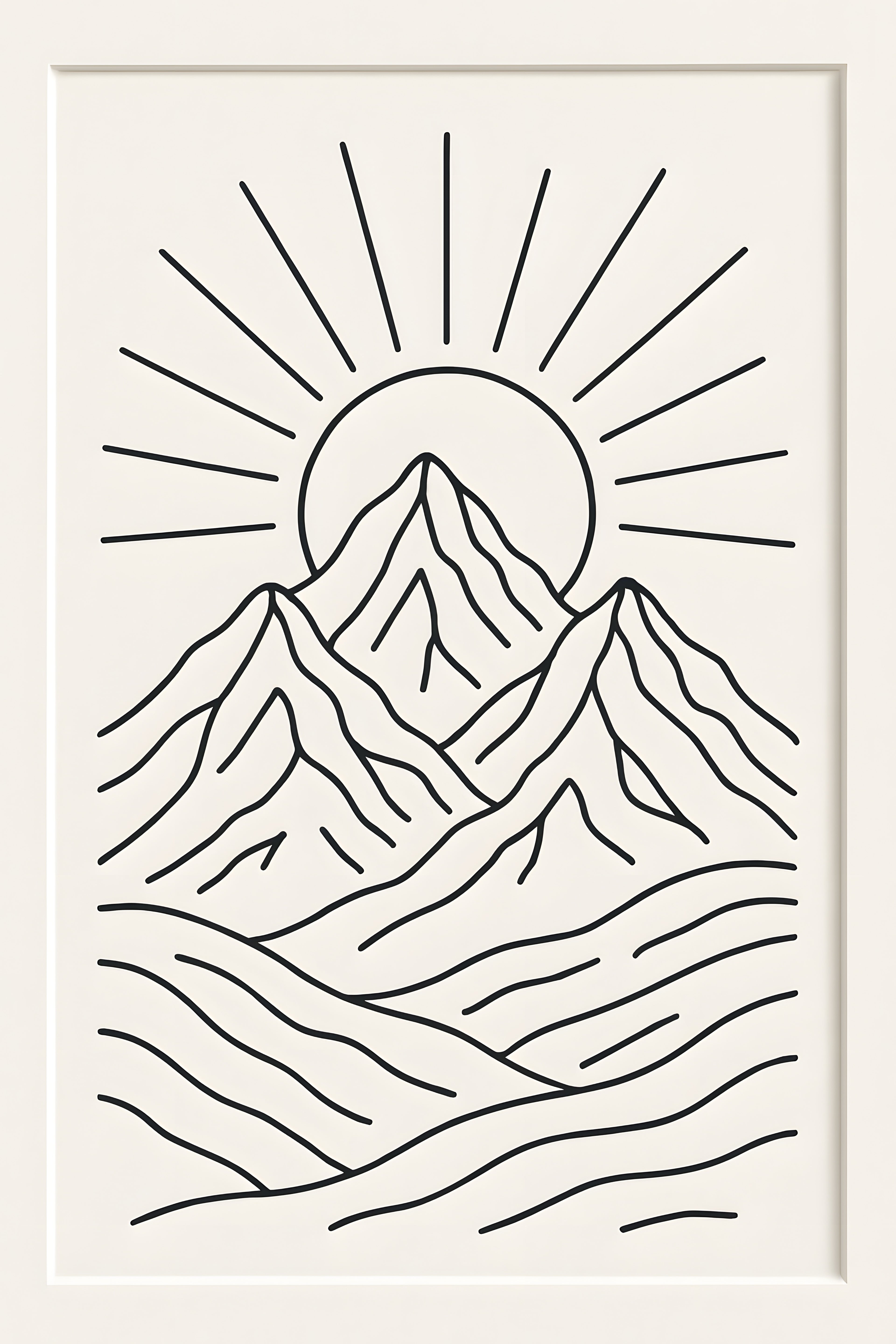 Line art illustration of mountains with sun rising behind | Printable Wall Art | Instant Download