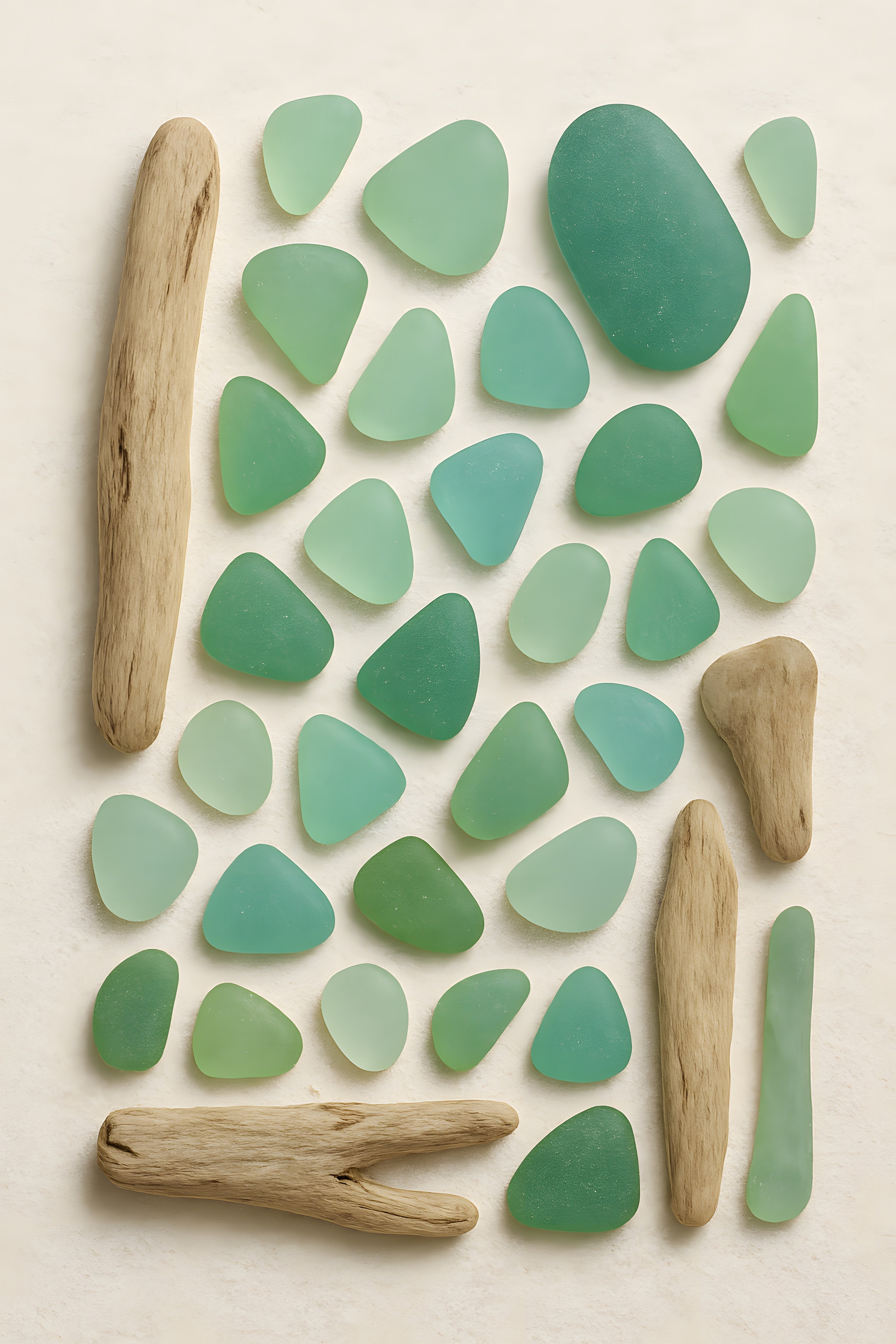 Sea glass and driftwood collection on white sand | Printable Wall Art | Instant Download