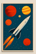 Retro space age illustration of rocket and planets | Printable Wall Art | Instant Download