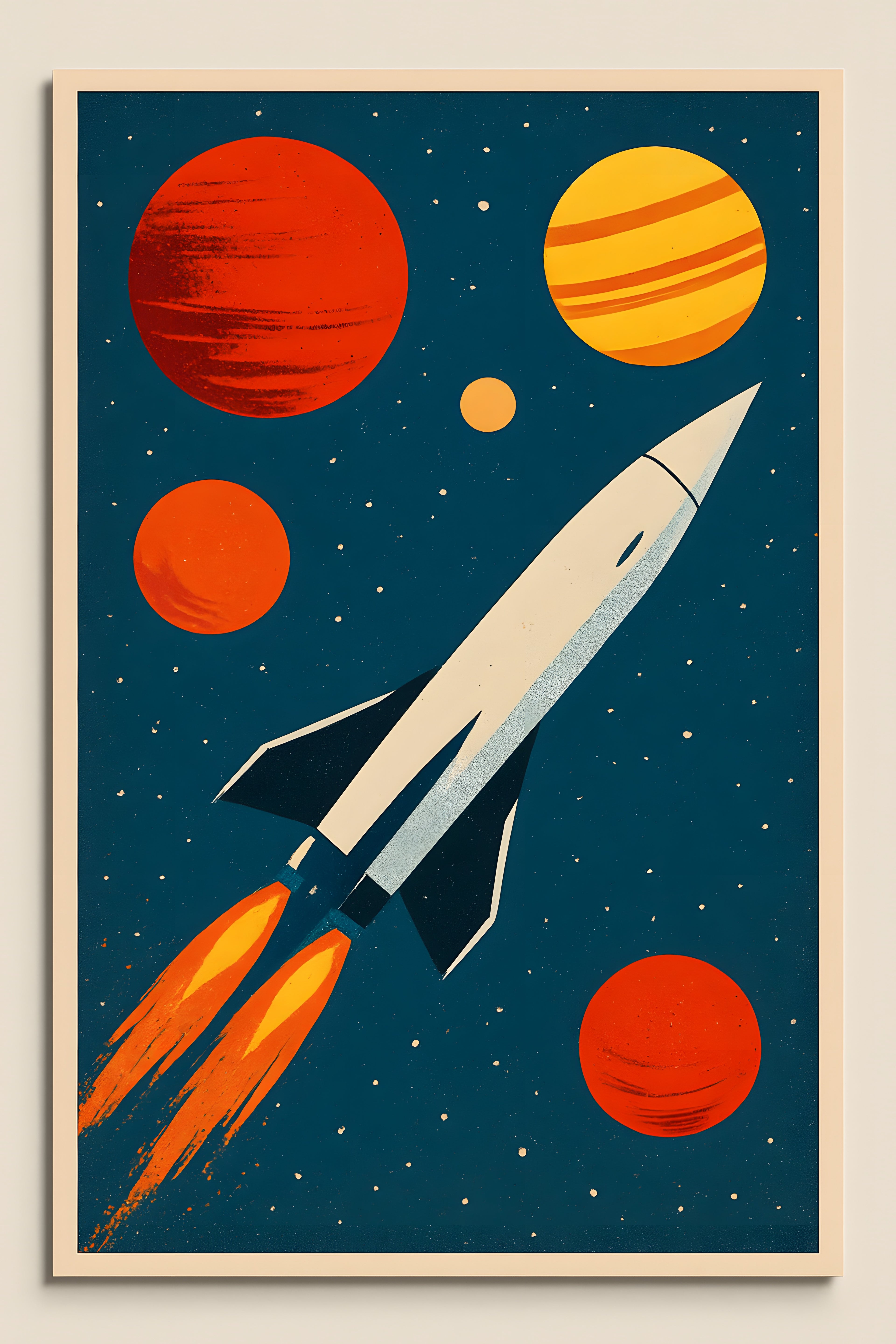 Retro space age illustration of rocket and planets | Printable Wall Art | Instant Download