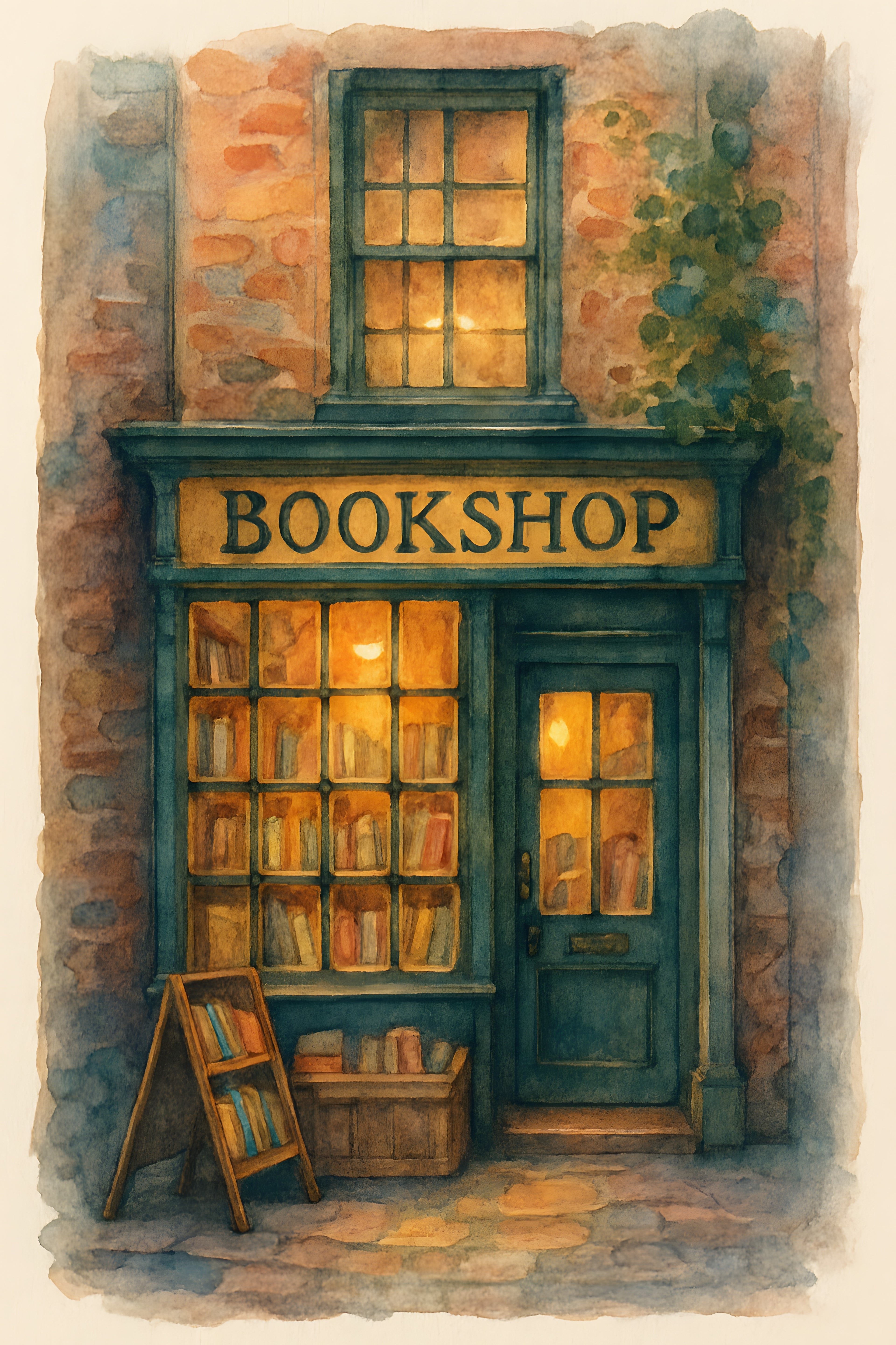 Watercolor illustration of a charming bookshop storefront | Printable Wall Art | Instant Download