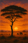 Savanna landscape at sunset with acacia tree silhouette | Printable Wall Art | Instant Download