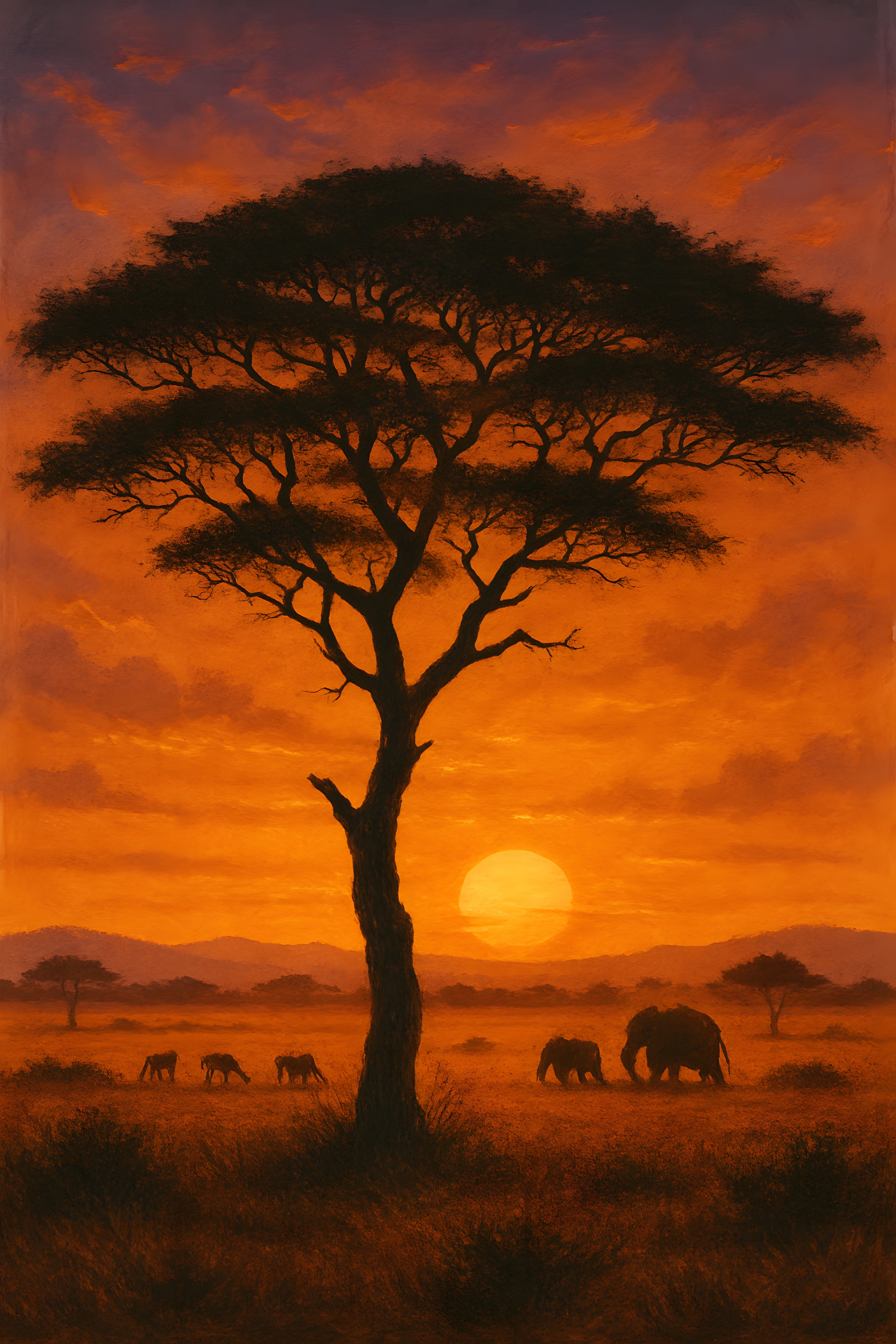 Savanna landscape at sunset with acacia tree silhouette | Printable Wall Art | Instant Download