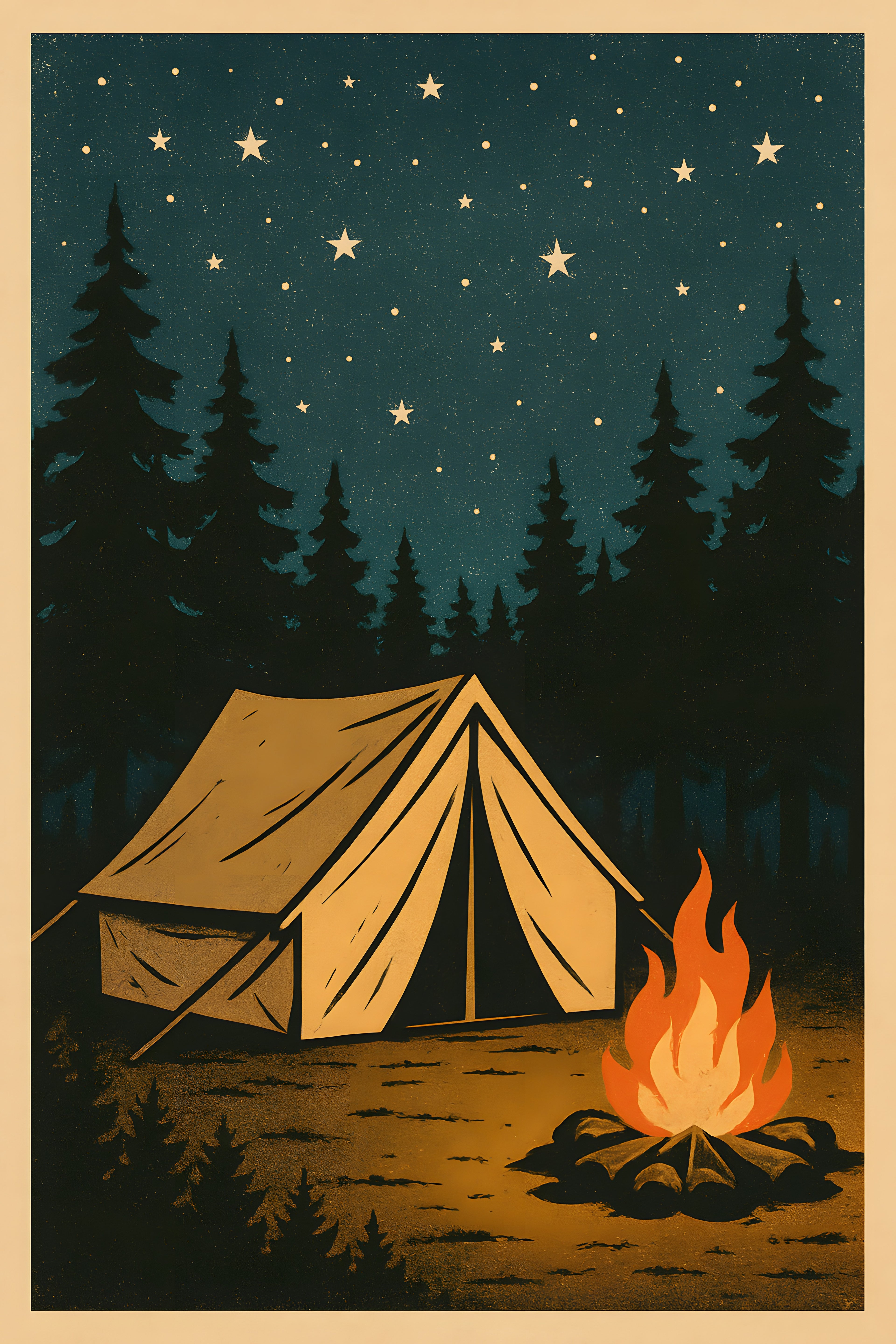 Retro camping poster — tent under stars with pine trees a... | Printable Wall Art | Instant Download