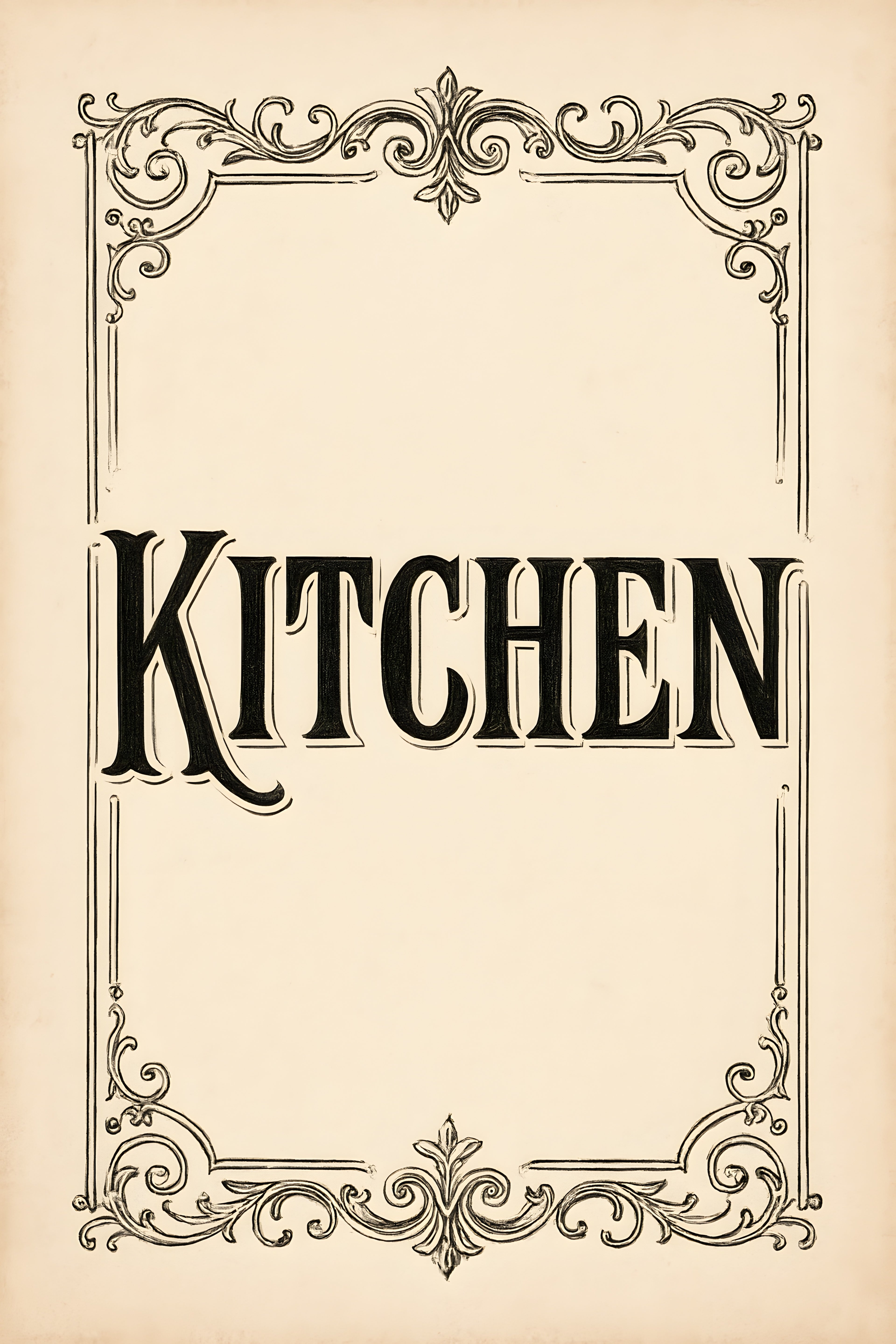 Vintage apothecary-style typography 'Kitchen' with ornate... | Printable Wall Art | Instant Download
