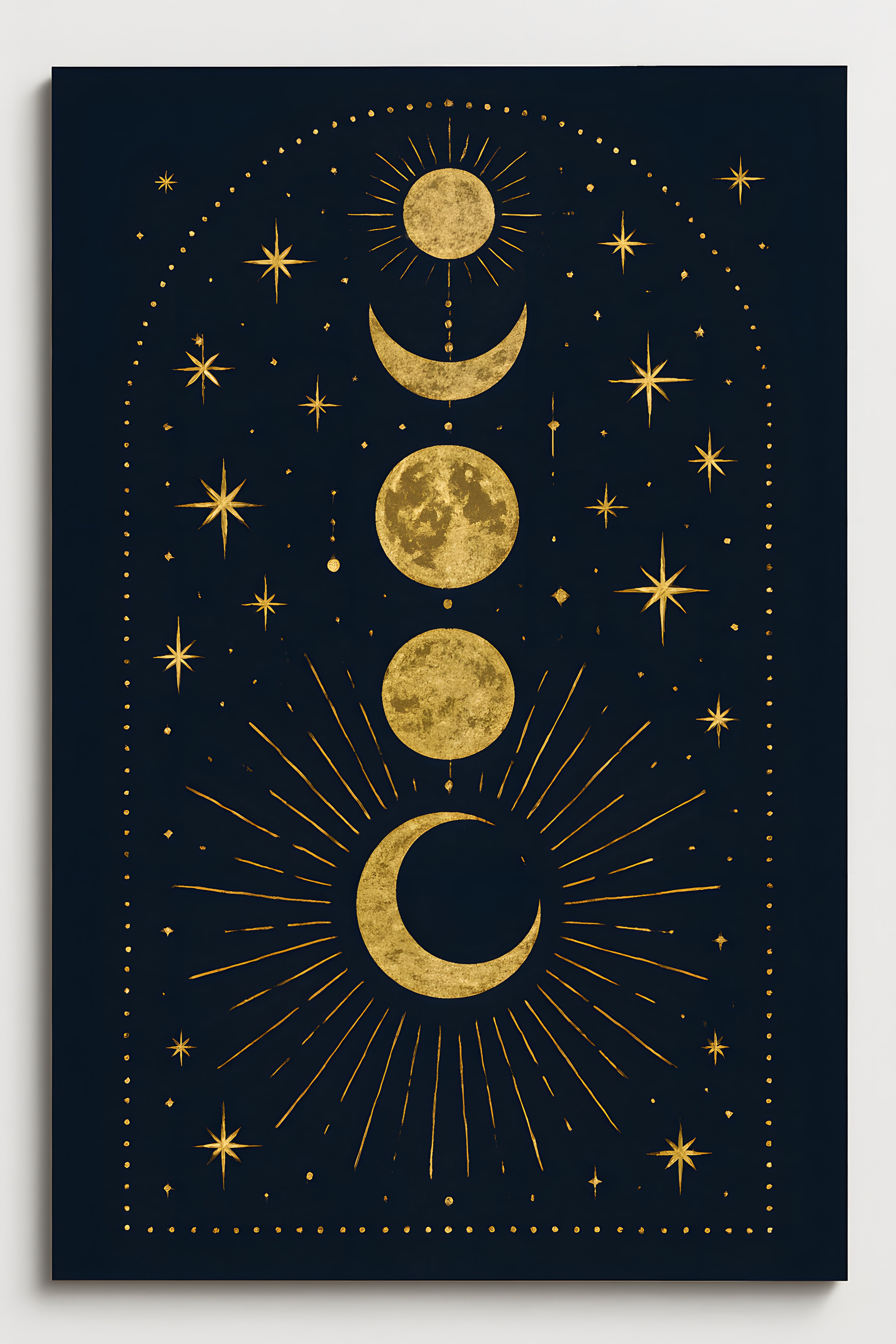 Mystical moon phases illustration in gold on dark navy ba... | Printable Wall Art | Instant Download