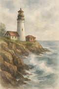 Watercolor painting of a lighthouse on rocky cliffs with ... | Printable Wall Art | Instant Download