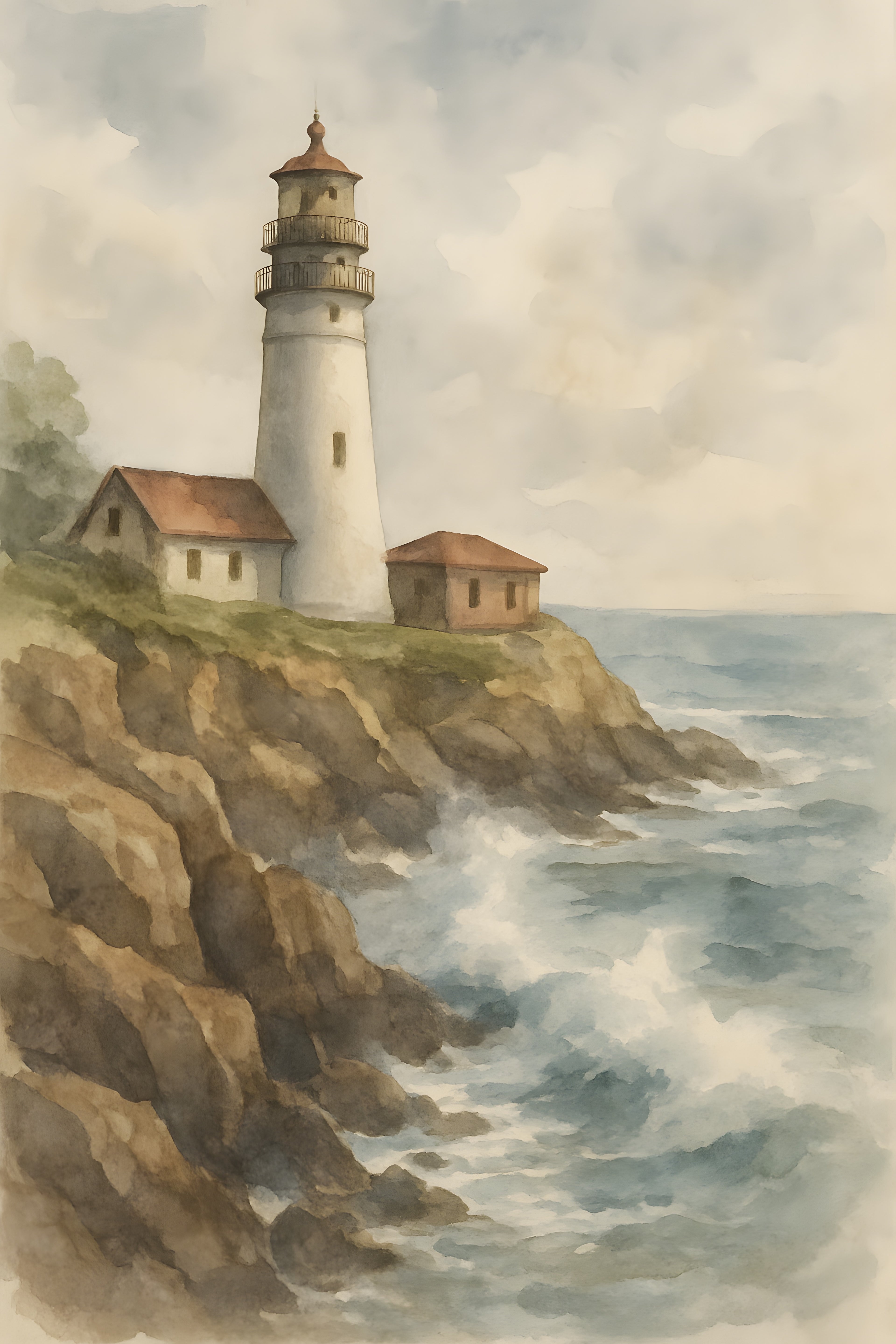 Watercolor painting of a lighthouse on rocky cliffs with ... | Printable Wall Art | Instant Download