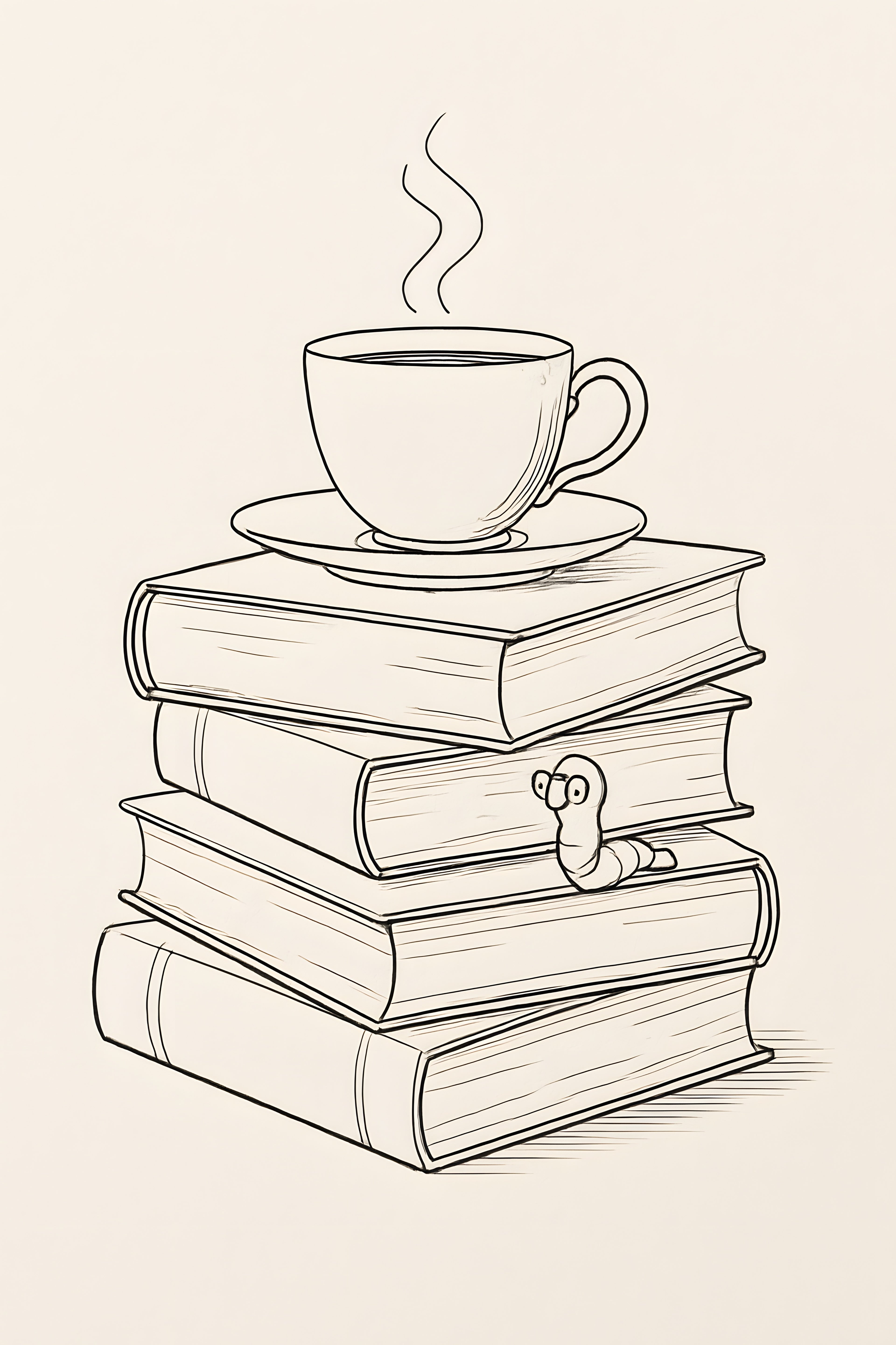 Line drawing of stacked books with coffee cup on top | Printable Wall Art | Instant Download