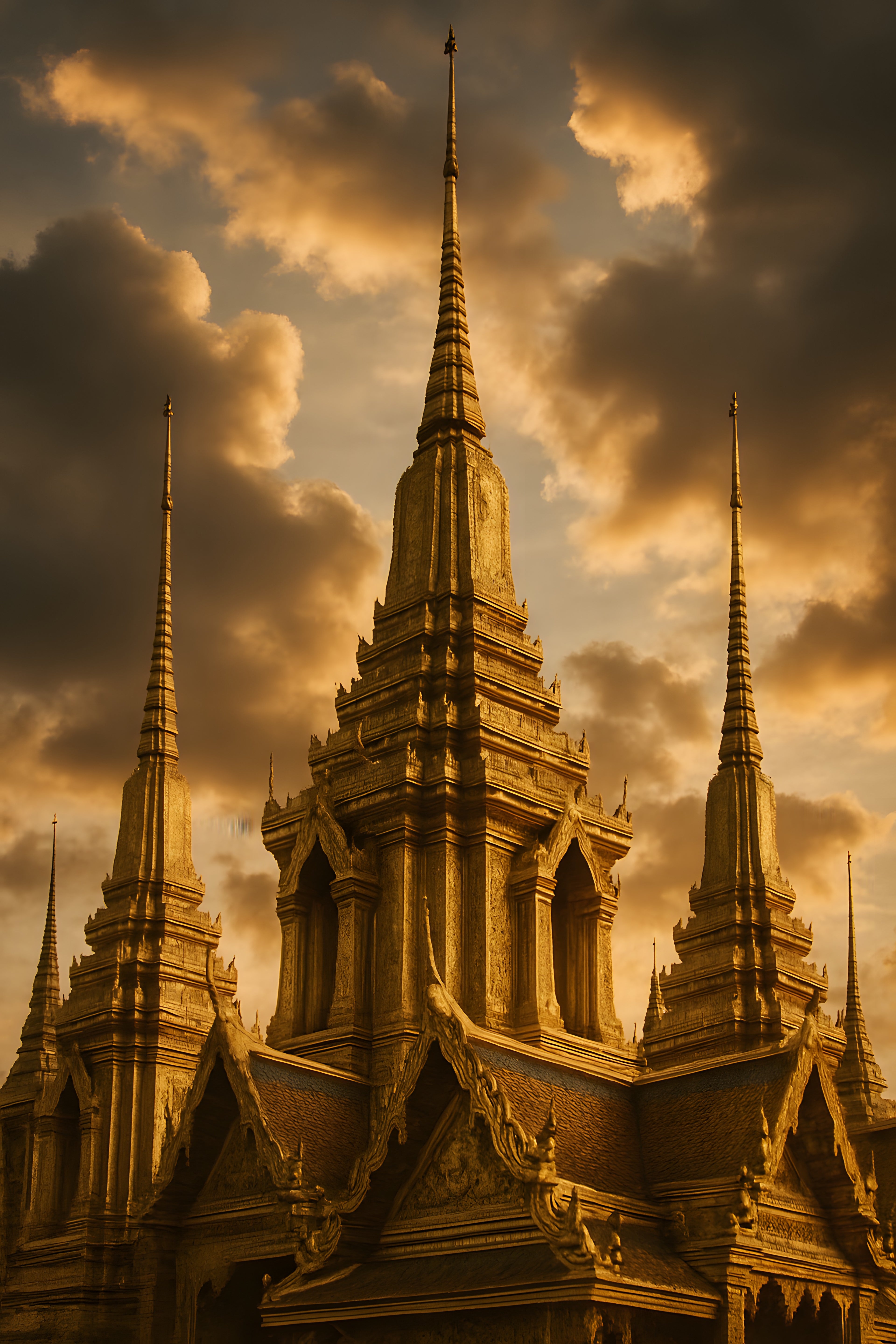 Bangkok temple spires in gold against dramatic sky | Printable Wall Art | Instant Download