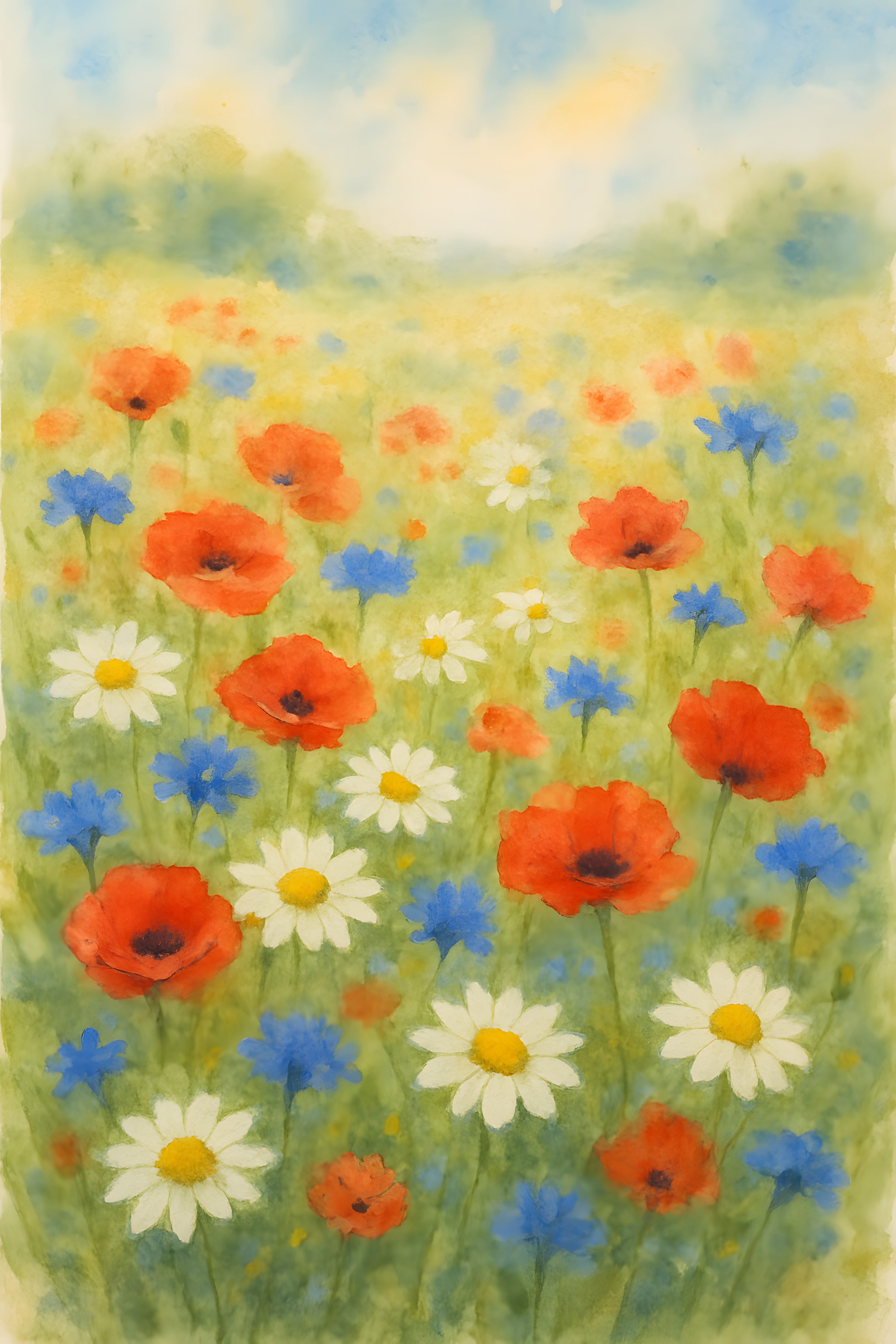 Watercolor meadow full of wildflowers — daisies | Printable Wall Art | Instant Download