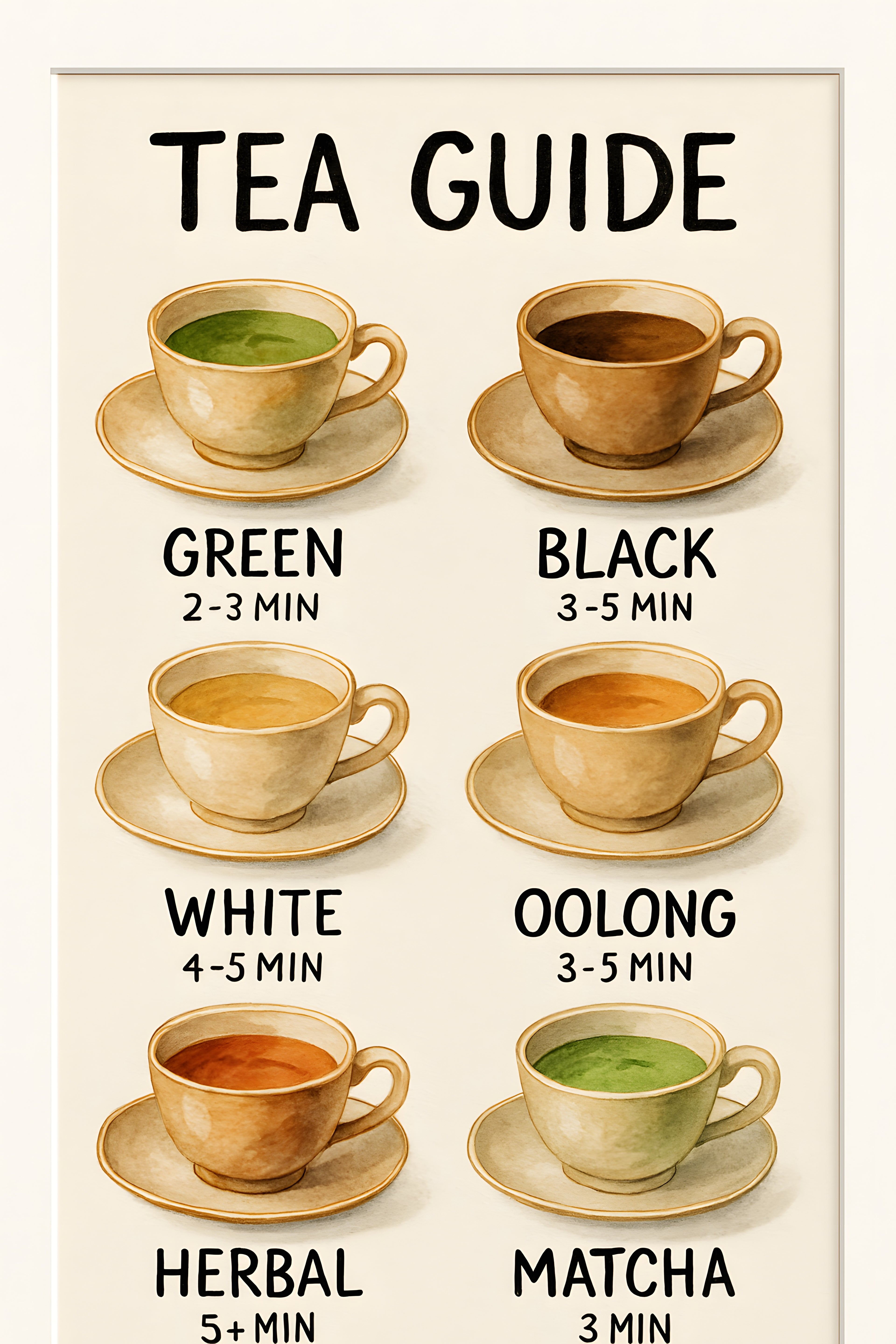 Illustrated tea guide with different varieties and steepi... | Printable Wall Art | Instant Download