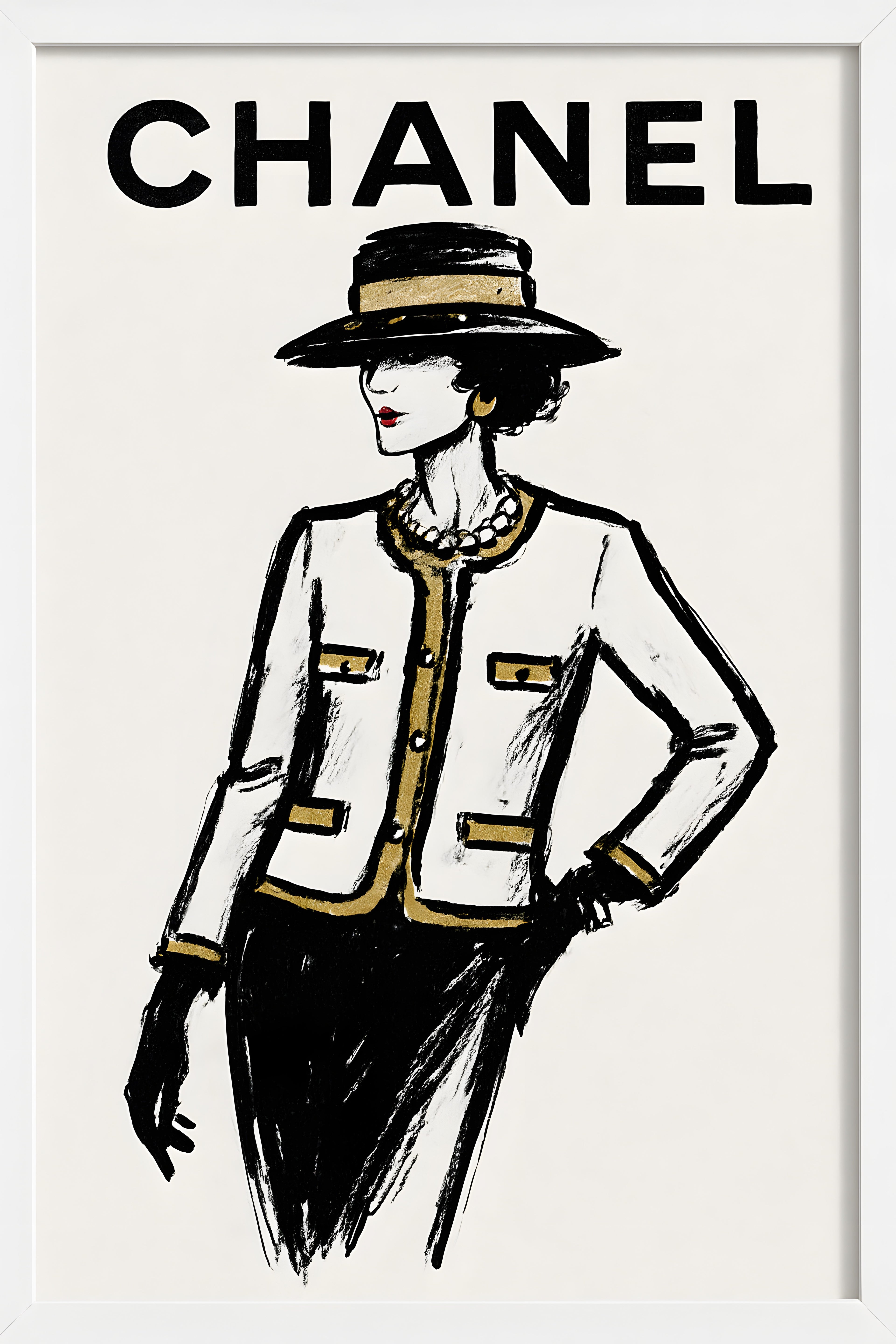 Chanel-inspired fashion sketch with bold black and white ... | Printable Wall Art | Instant Download