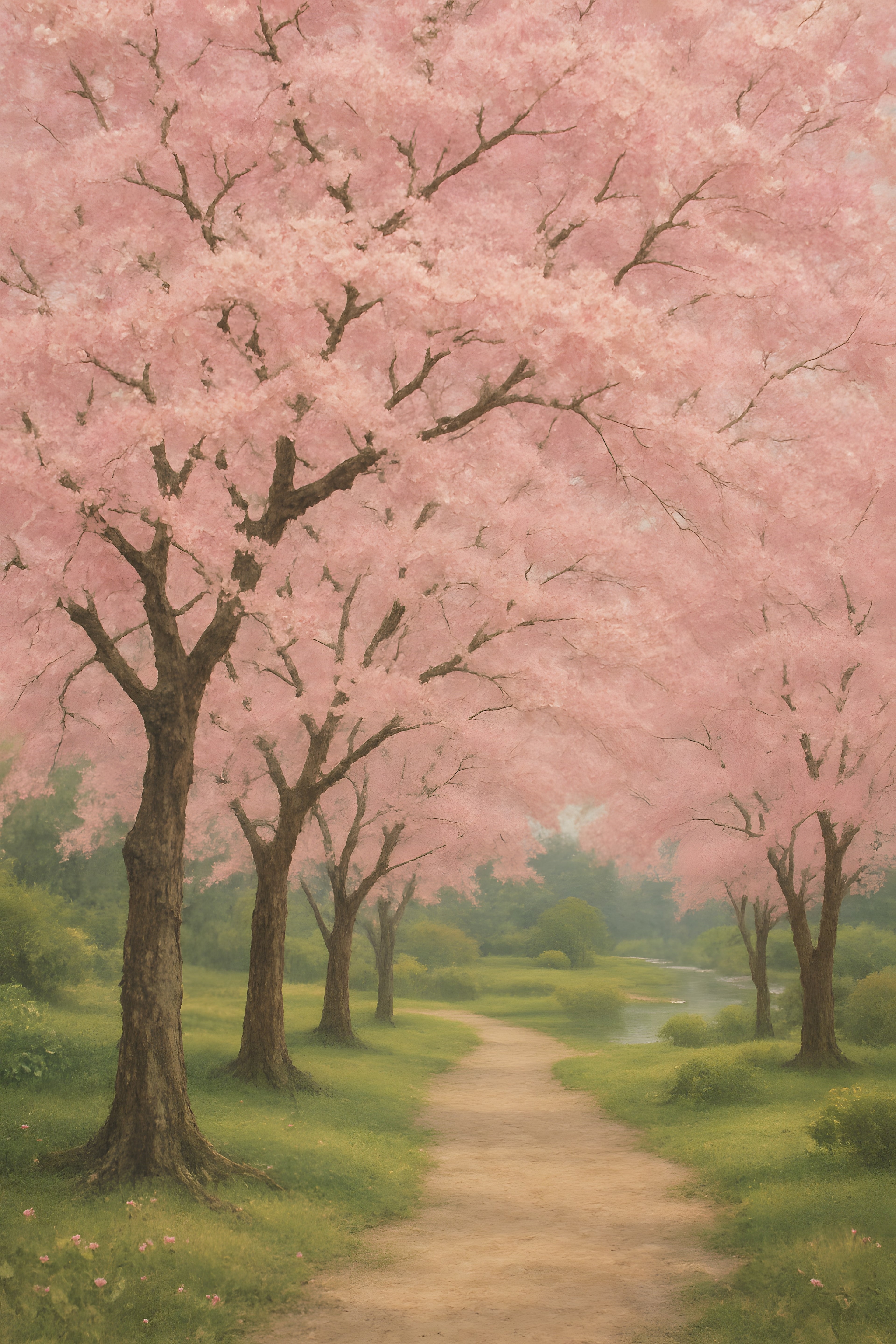 Cherry blossom trees lining a path in full spring bloom | Printable Wall Art | Instant Download