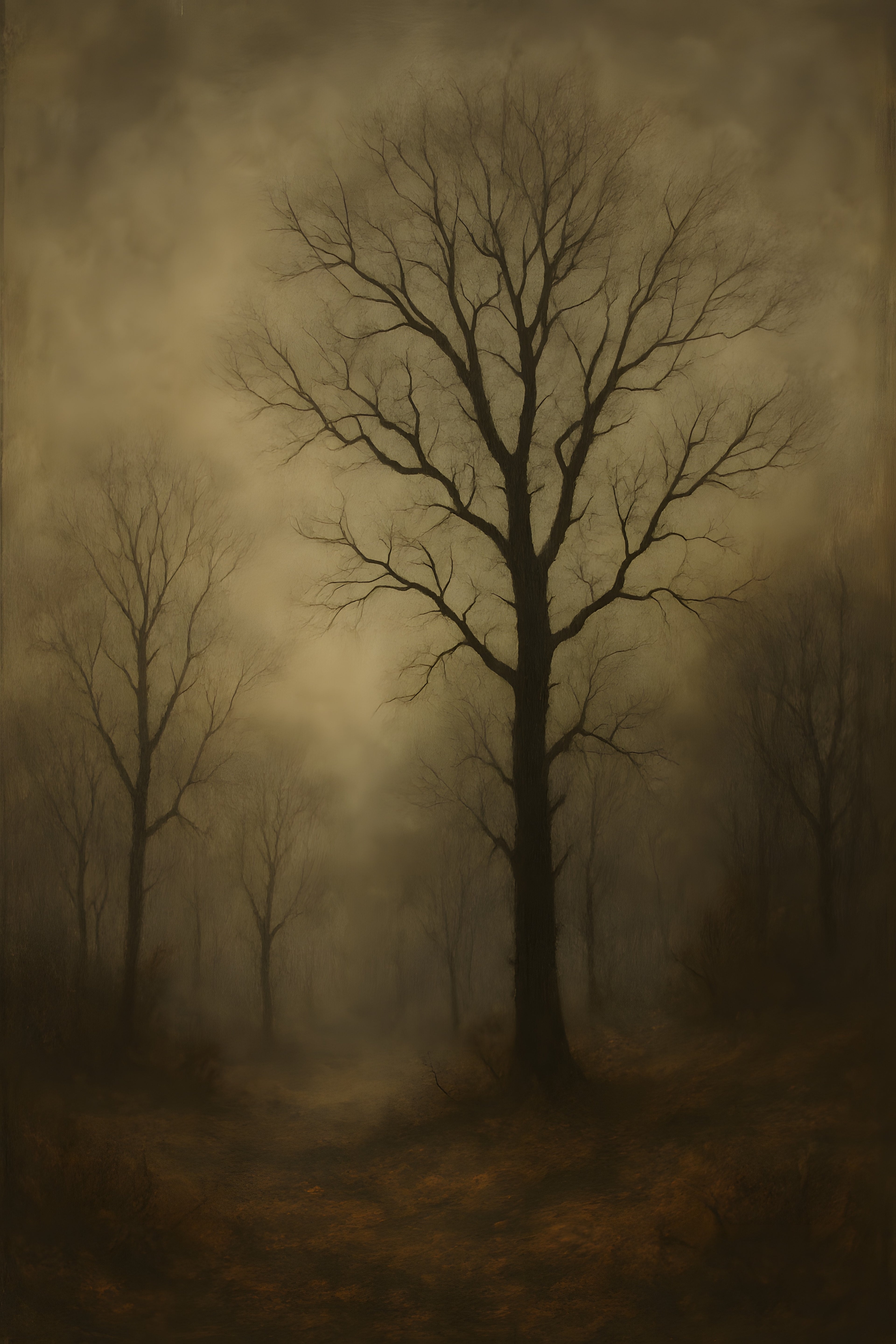 Moody autumn landscape with bare trees and heavy fog | Printable Wall Art | Instant Download