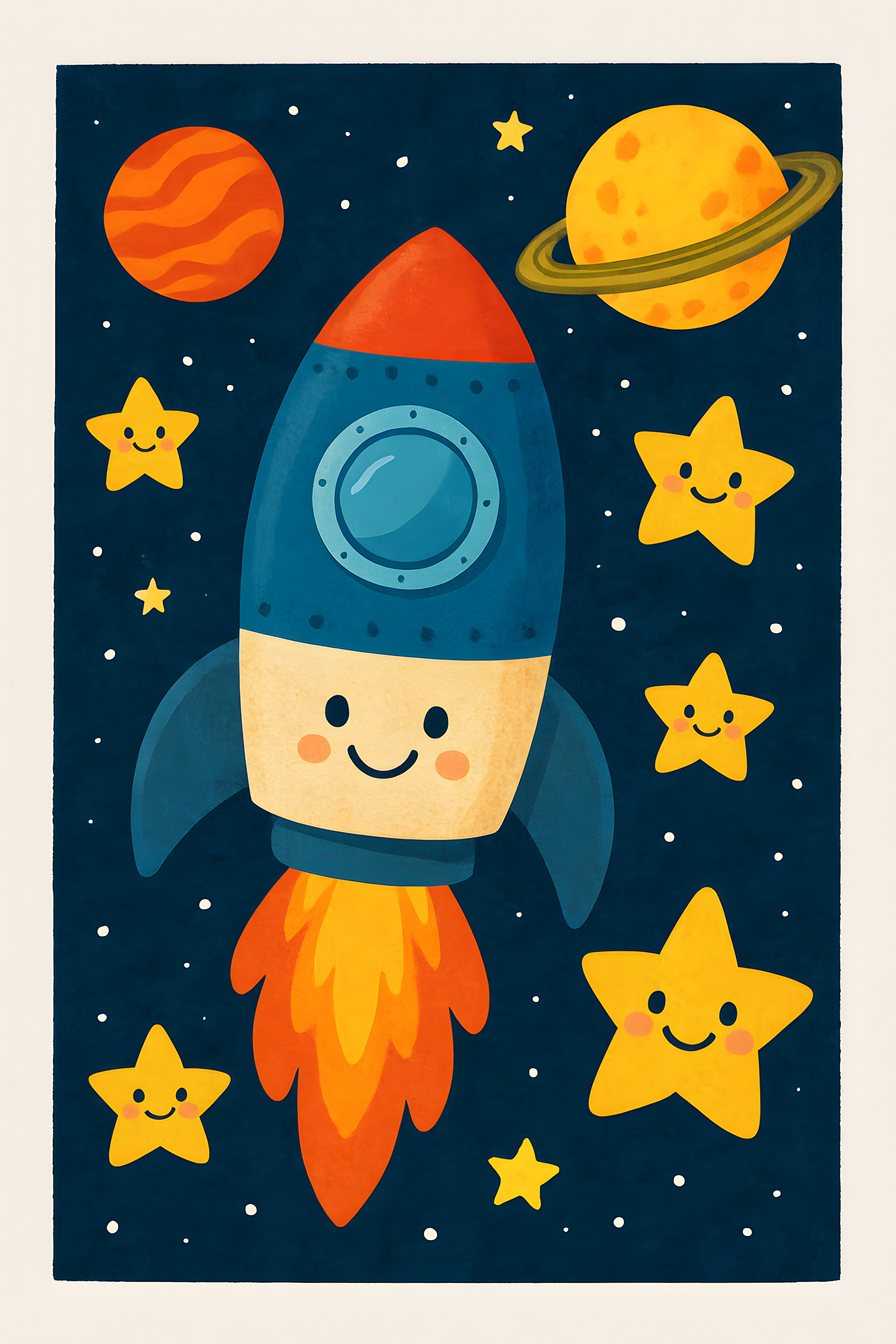 Outer space adventure illustration with cute rocket | Printable Wall Art | Instant Download