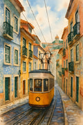 Lisbon tram on steep street with colorful tiled buildings | Printable Wall Art | Instant Download