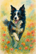Watercolor border collie running through field of flowers | Printable Wall Art | Instant Download
