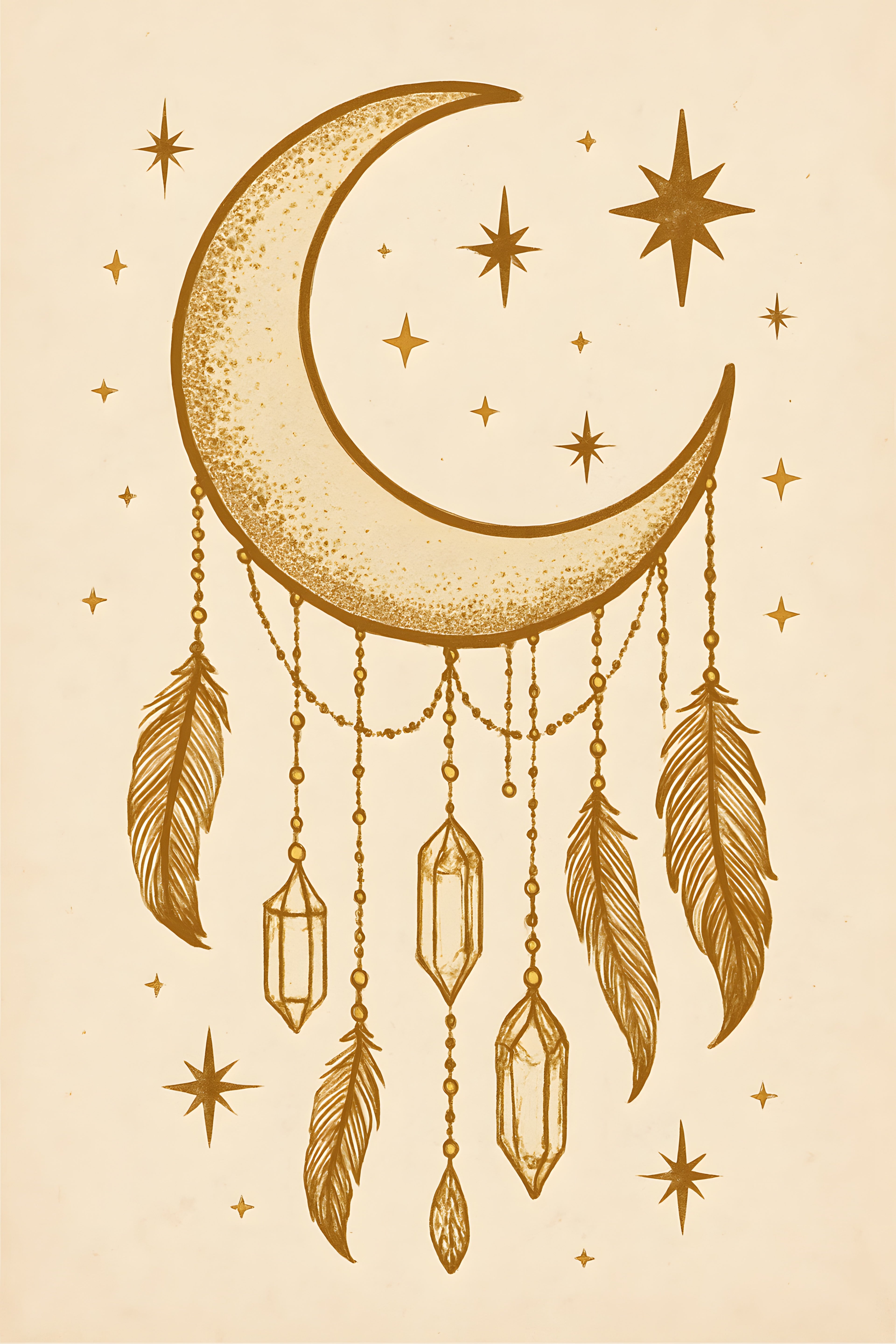 Boho moon and stars design with hanging crystals and feat... | Printable Wall Art | Instant Download
