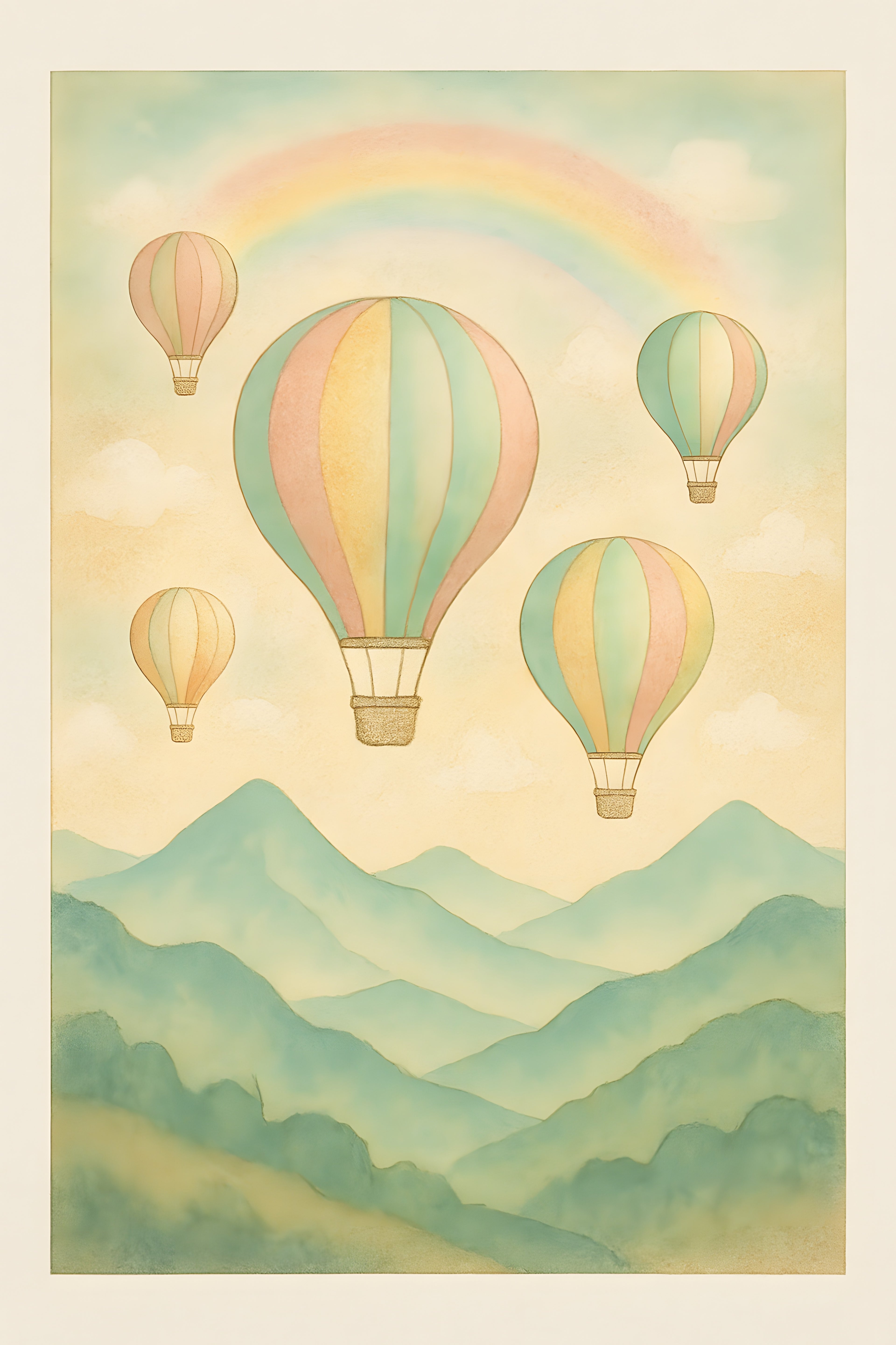 Whimsical hot air balloons floating over mountains | Printable Wall Art | Instant Download