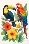 Watercolor tropical birds — toucan and parrot — on branch... | Printable Wall Art | Instant Download
