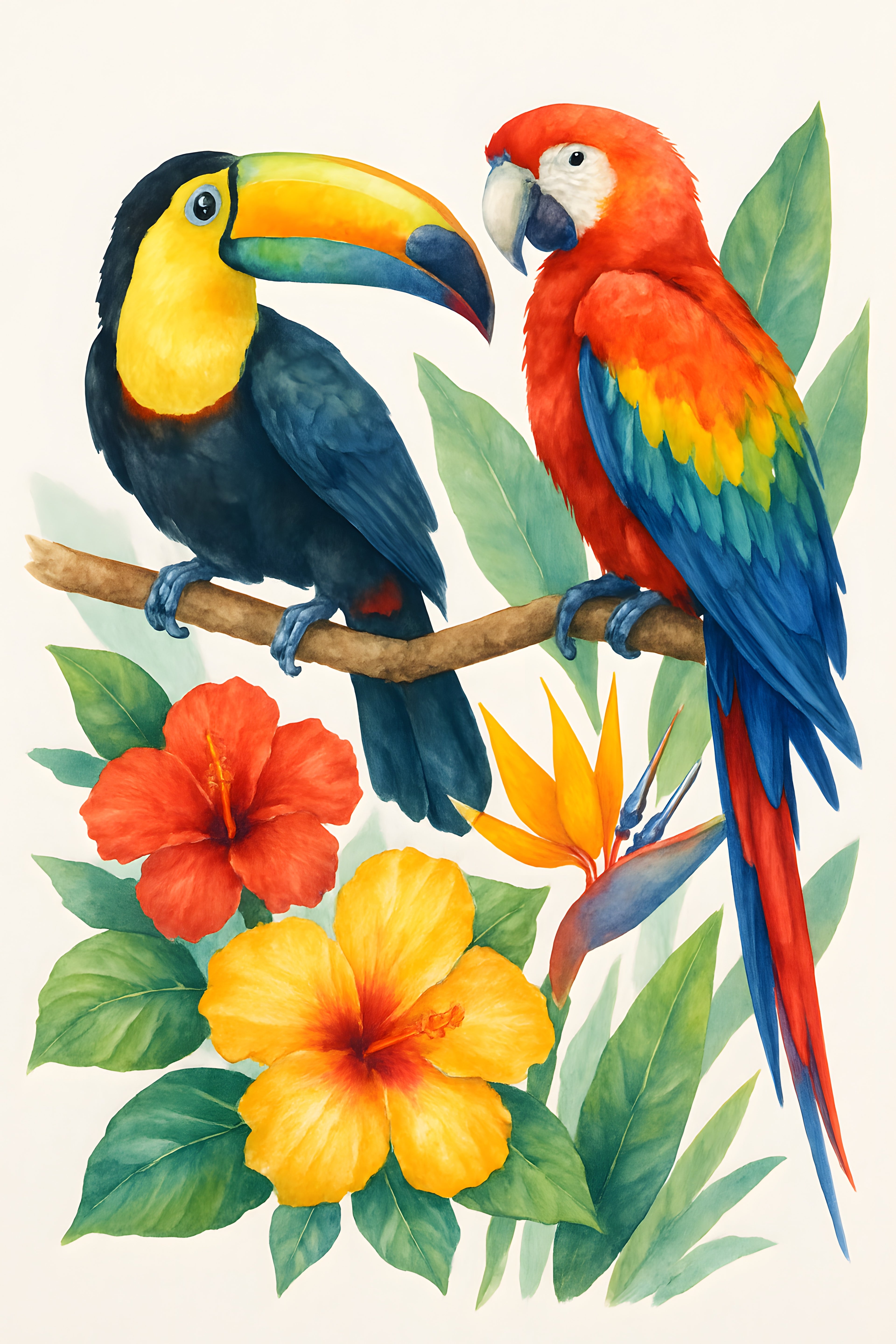 Watercolor tropical birds — toucan and parrot — on branch... | Printable Wall Art | Instant Download