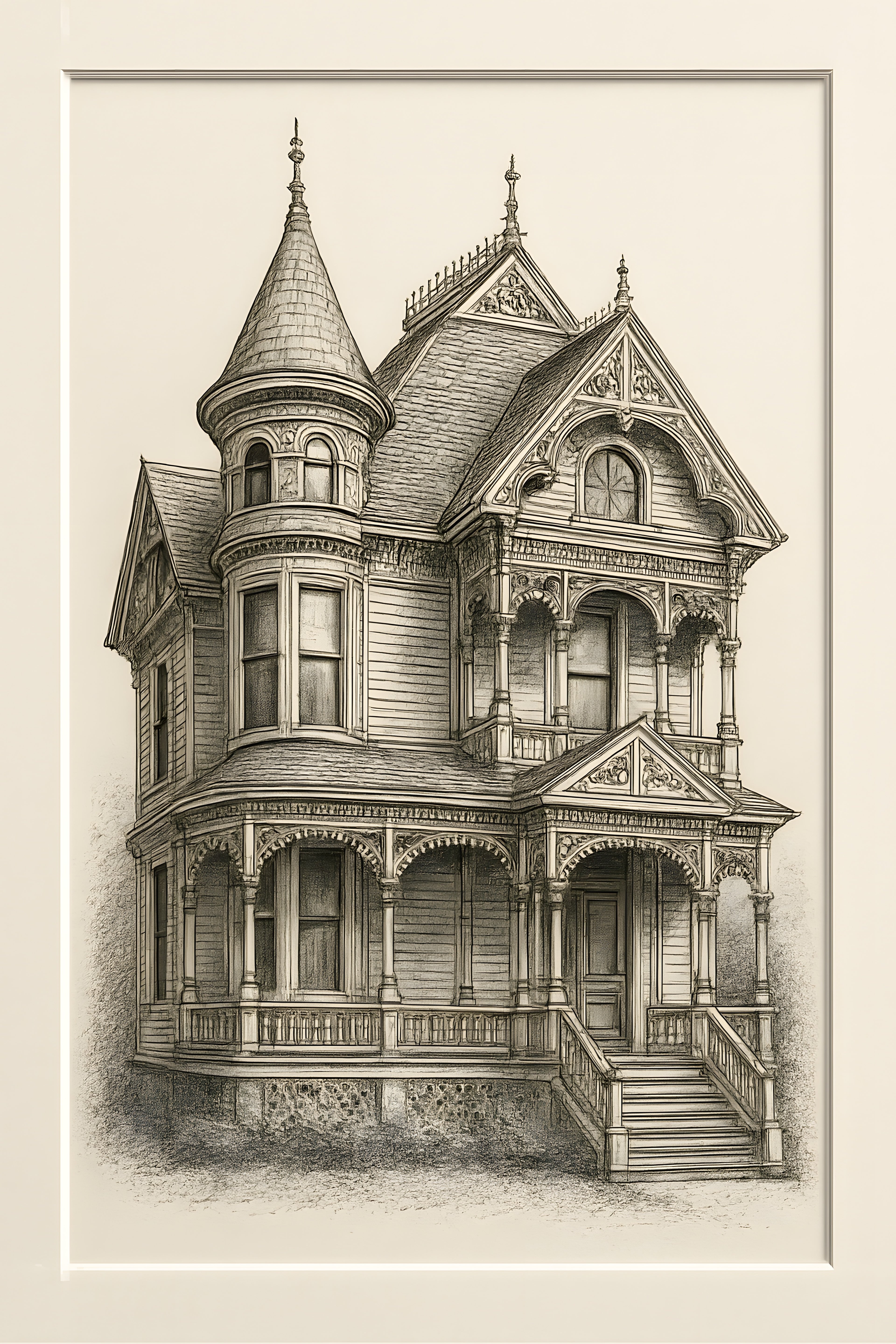 Detailed architectural drawing of ornate Victorian house | Printable Wall Art | Instant Download