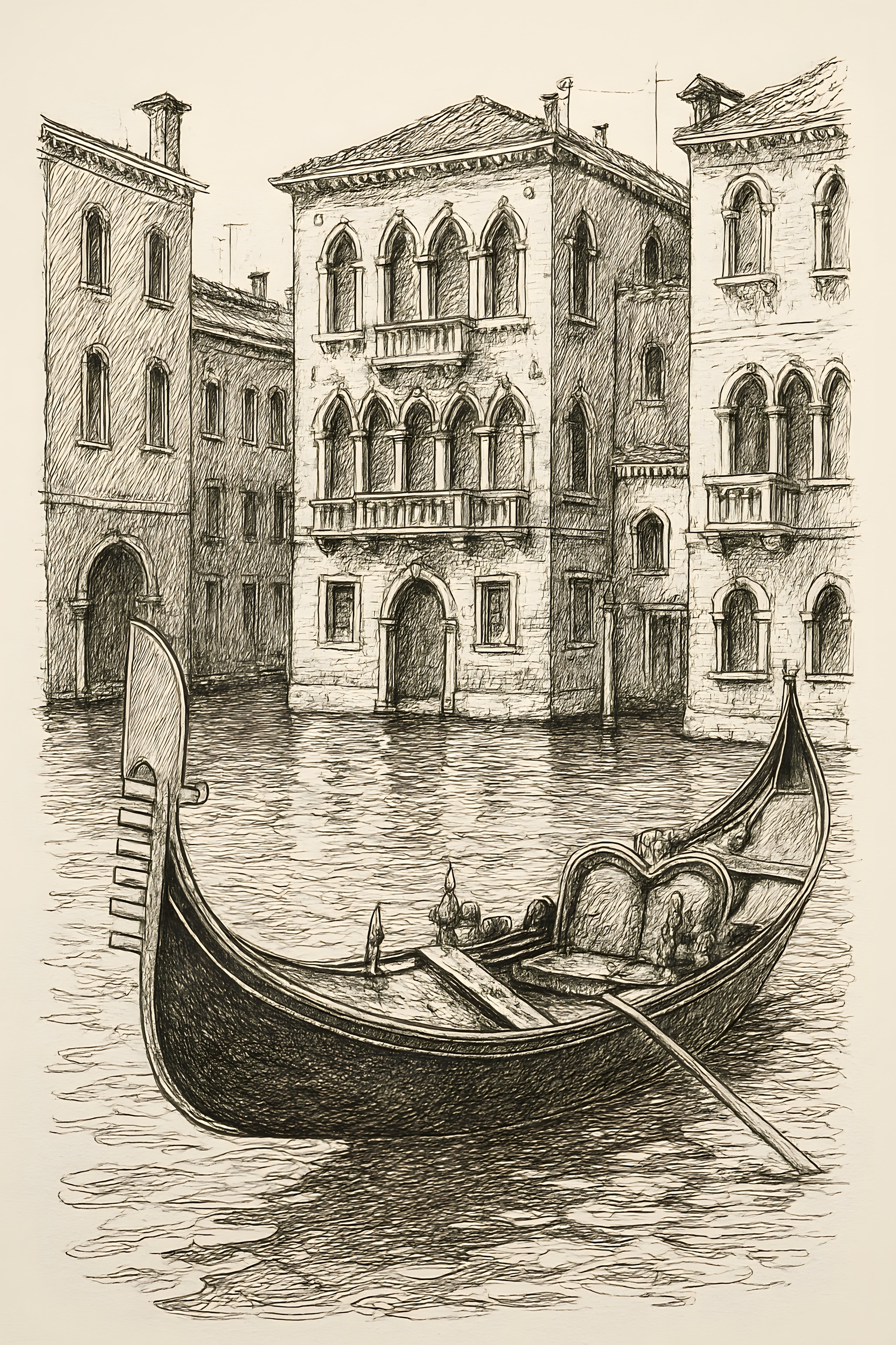 Detailed pen and ink sketch of a Venetian gondola with hi... | Printable Wall Art | Instant Download