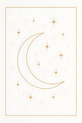 Thin gold line drawing of crescent moon and stars on white | Printable Wall Art | Instant Download