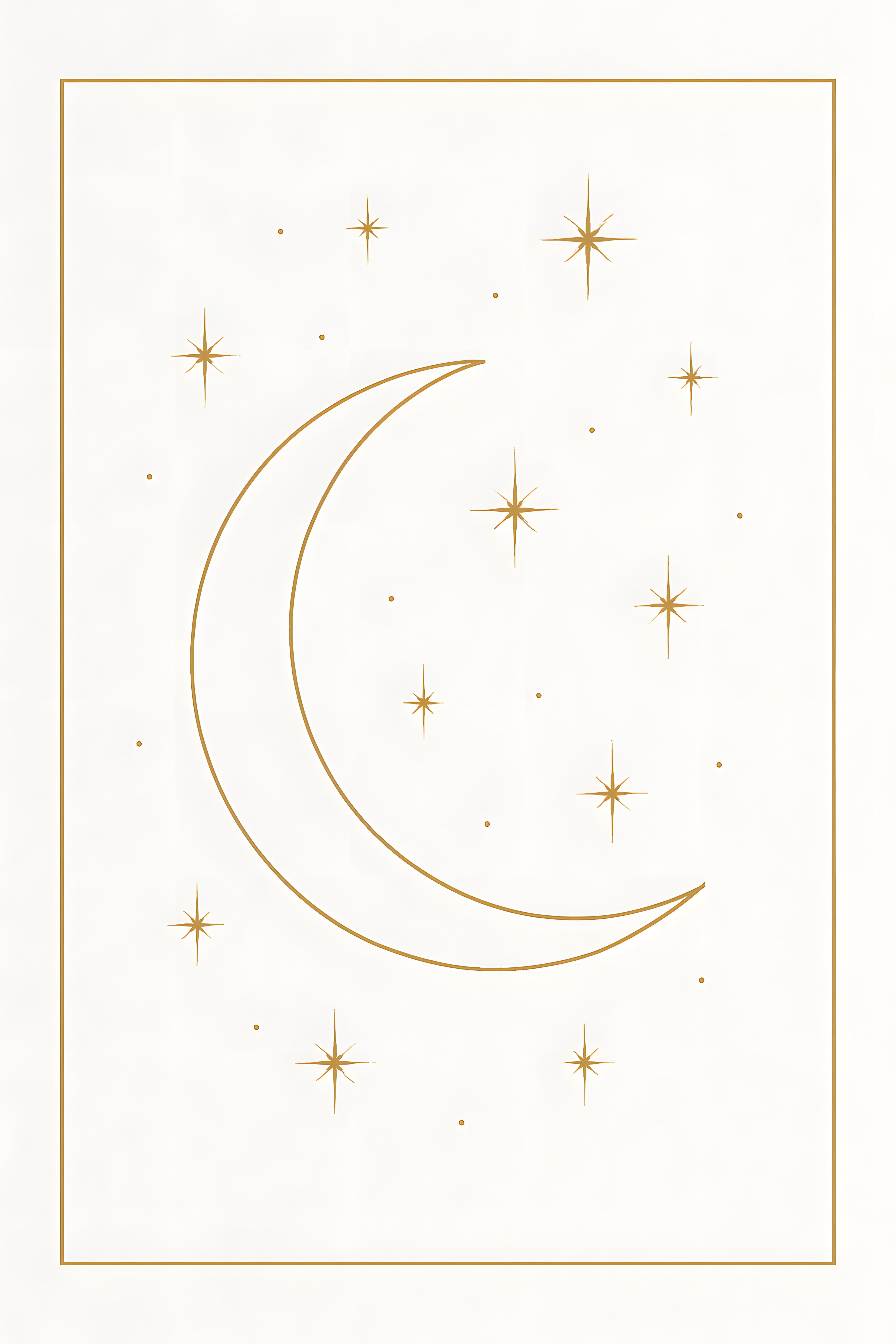Thin gold line drawing of crescent moon and stars on white | Printable Wall Art | Instant Download