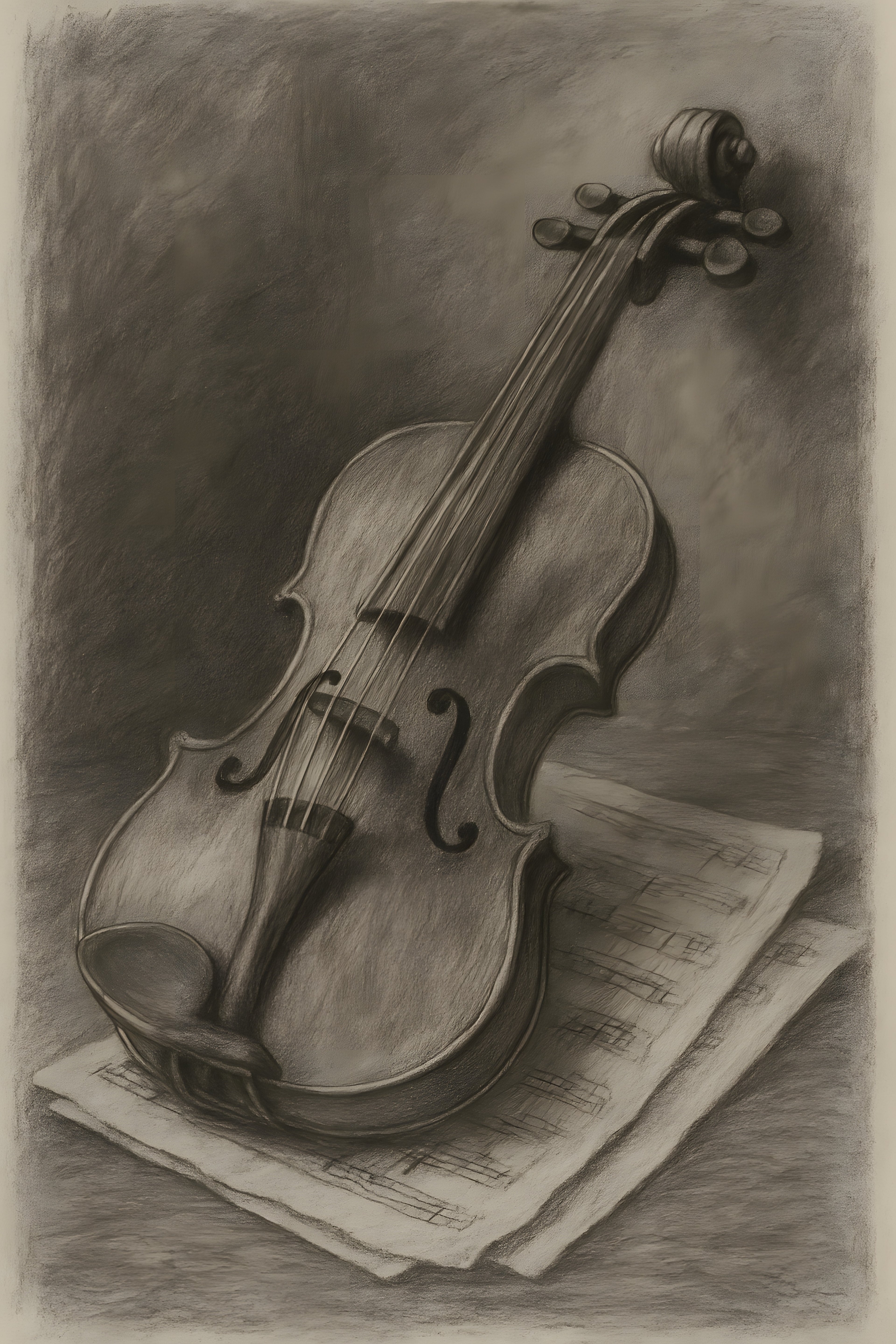 Charcoal still life of old violin and sheet music | Printable Wall Art | Instant Download