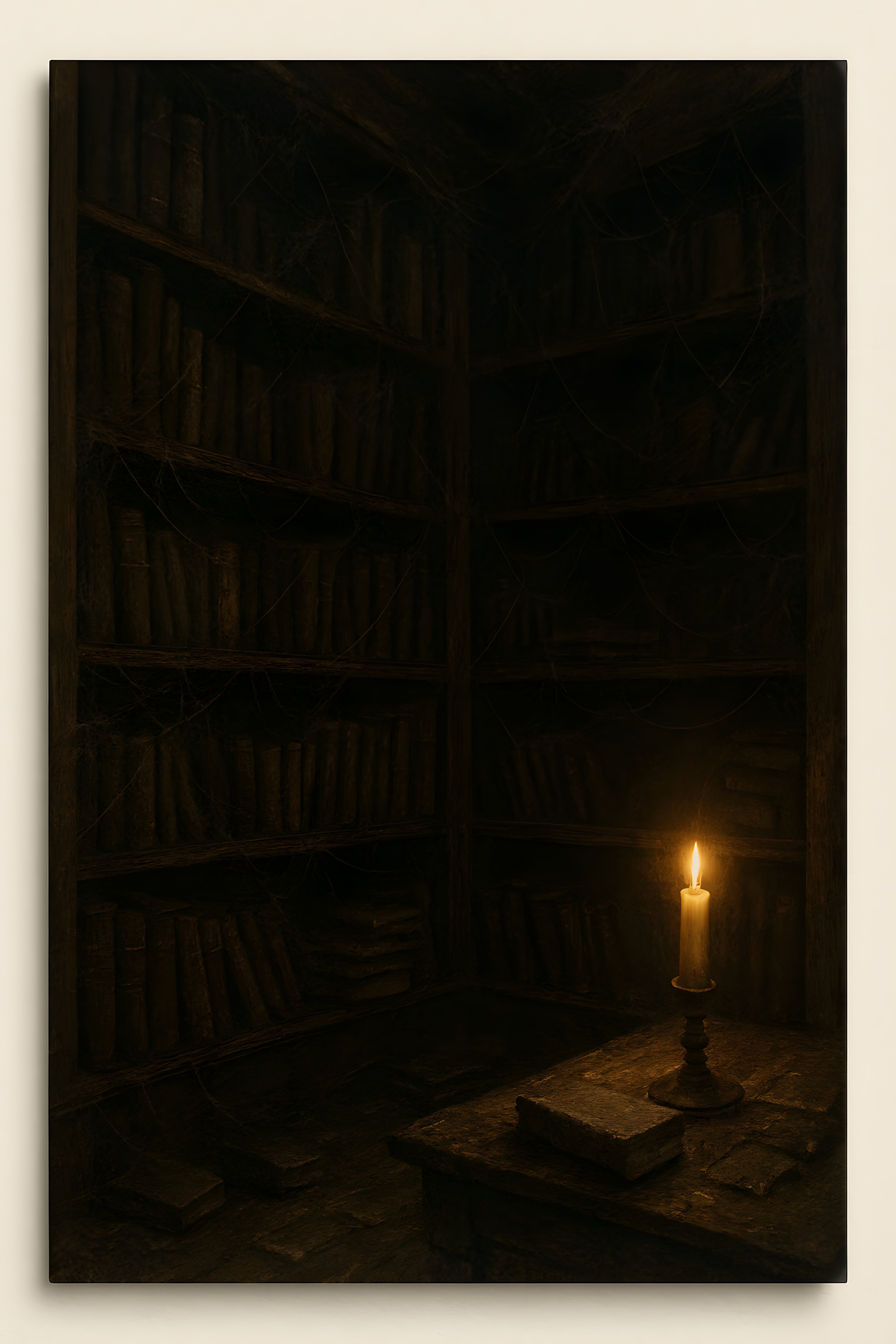 Moody abandoned library with dusty books and cobwebs | Printable Wall Art | Instant Download