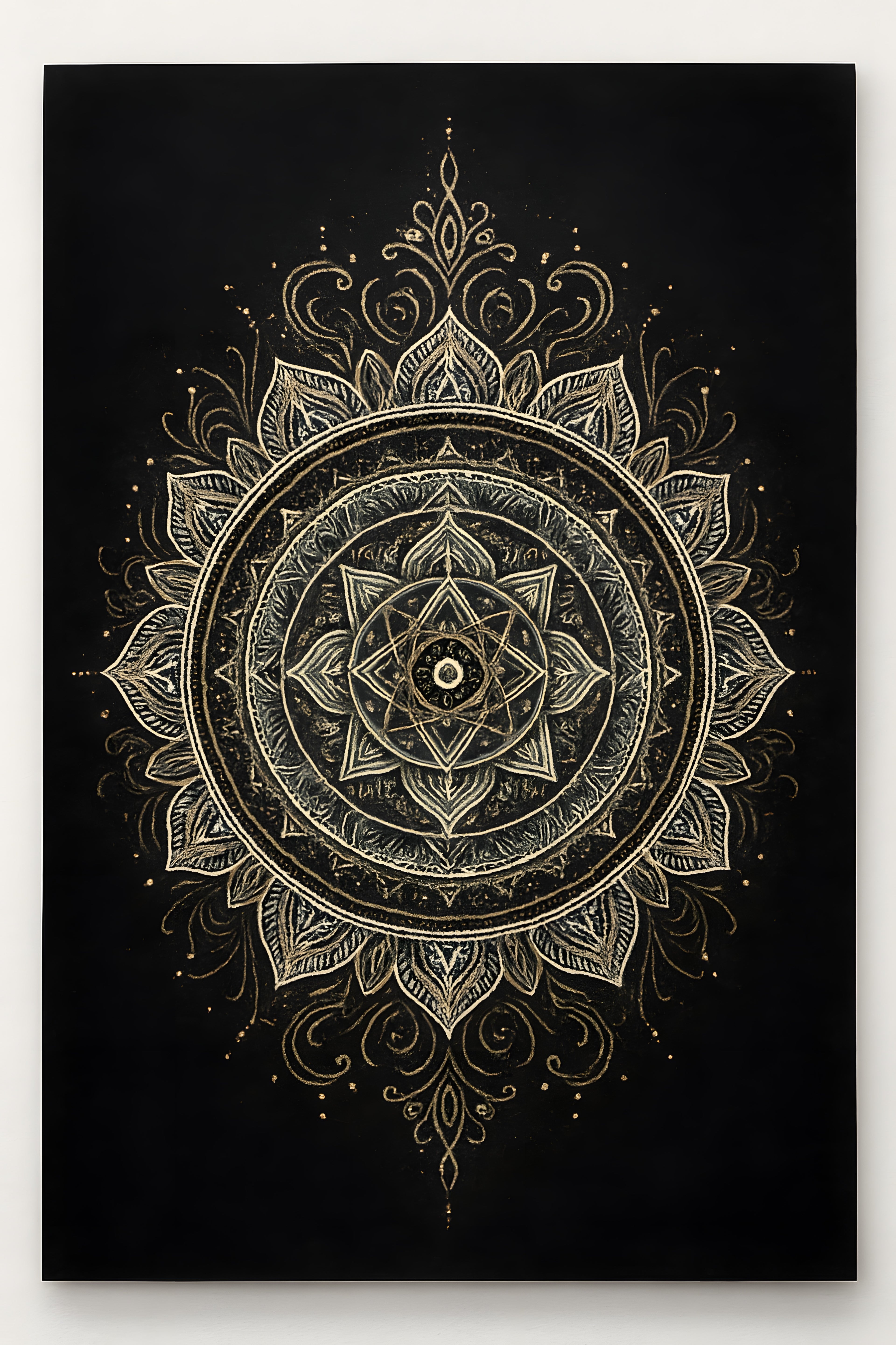 Ethereal mandala design in white and gold on dark background | Printable Wall Art | Instant Download
