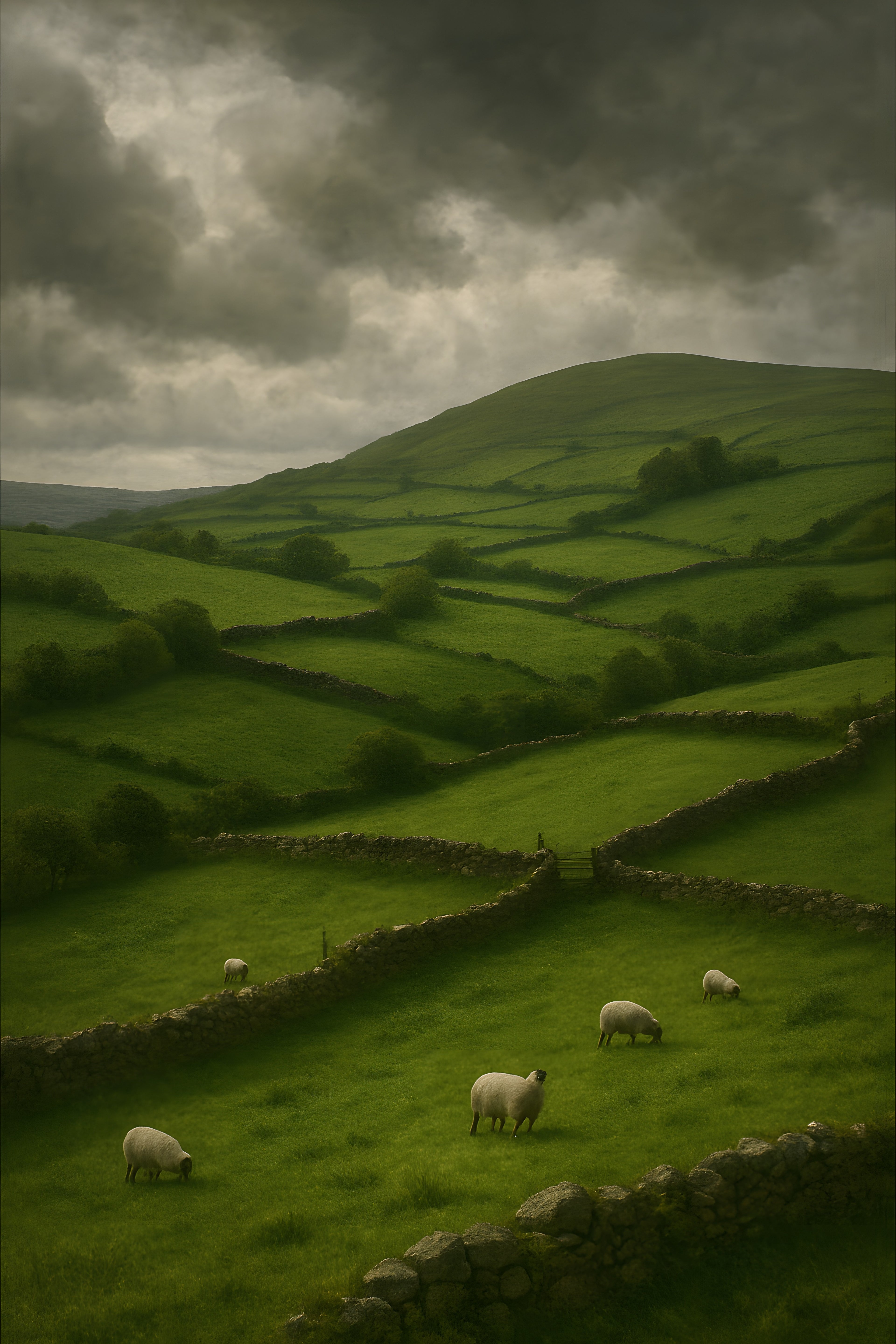 Rolling green hills of Ireland with stone walls and sheep | Printable Wall Art | Instant Download