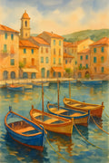 Coastal village watercolor with colorful fishing boats in... | Printable Wall Art | Instant Download