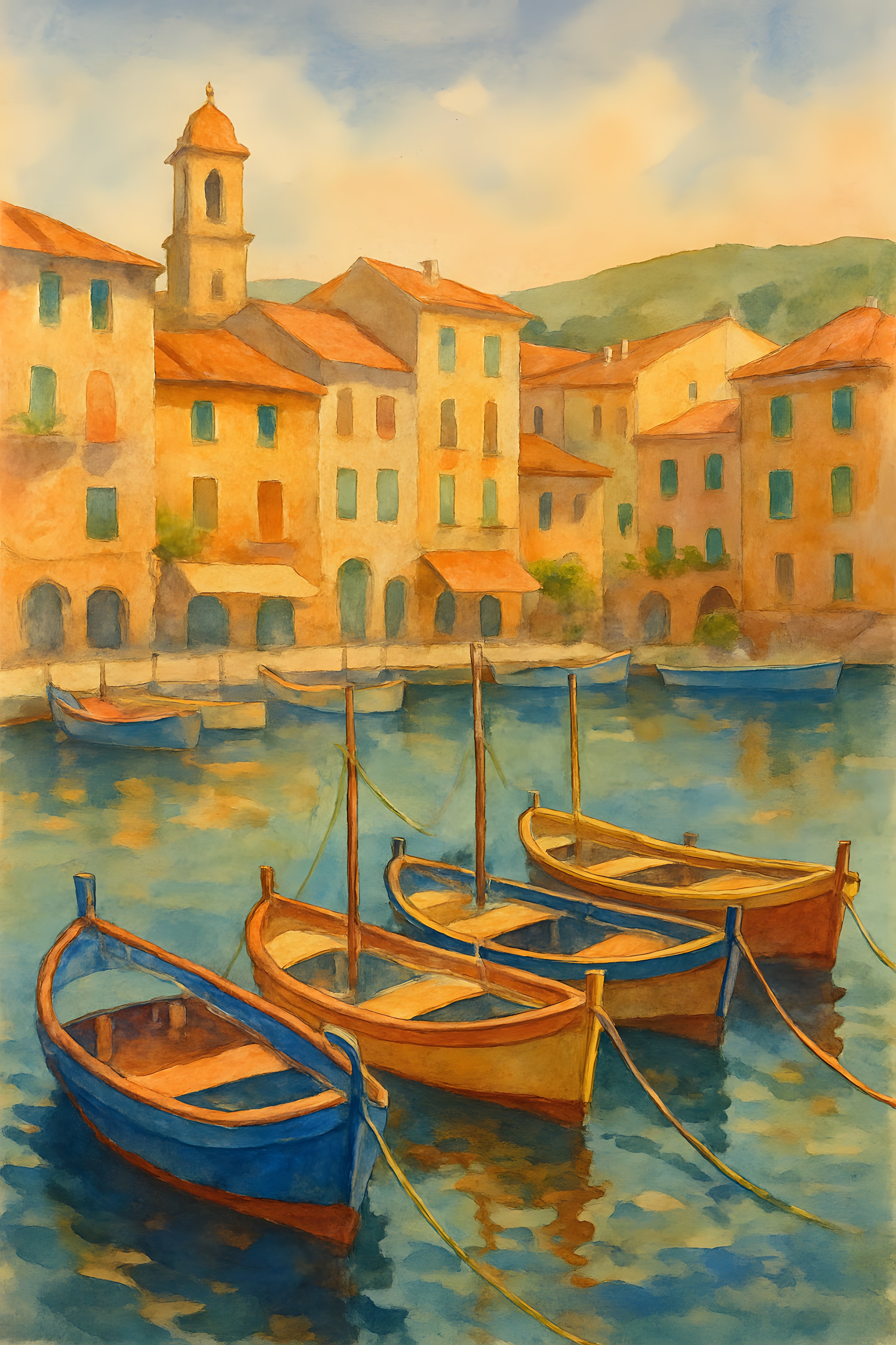 Coastal village watercolor with colorful fishing boats in... | Printable Wall Art | Instant Download