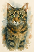 Watercolor portrait of a tabby cat with bright green eyes | Printable Wall Art | Instant Download