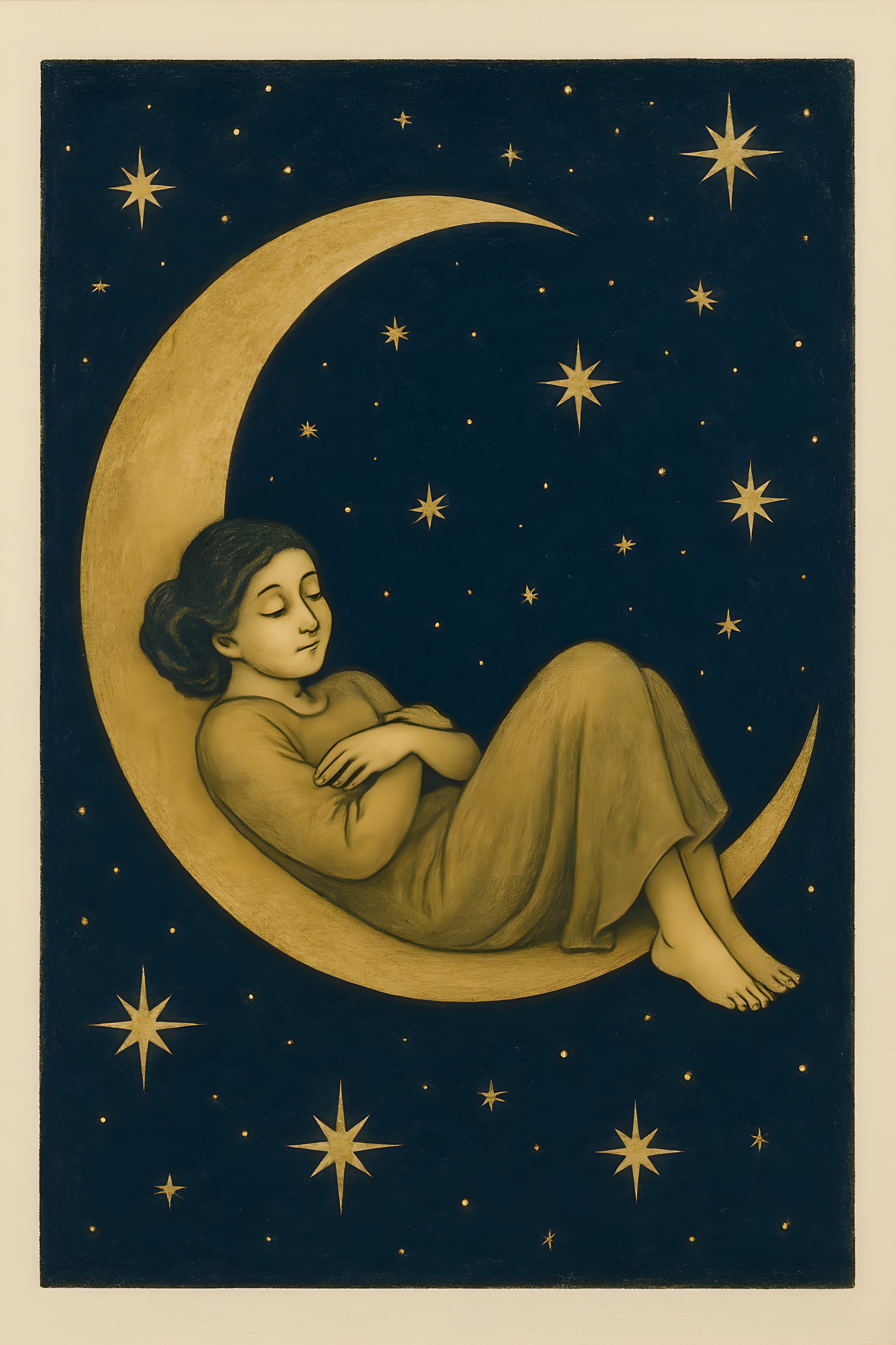 Crescent moon cradling sleeping figure among stars | Printable Wall Art | Instant Download