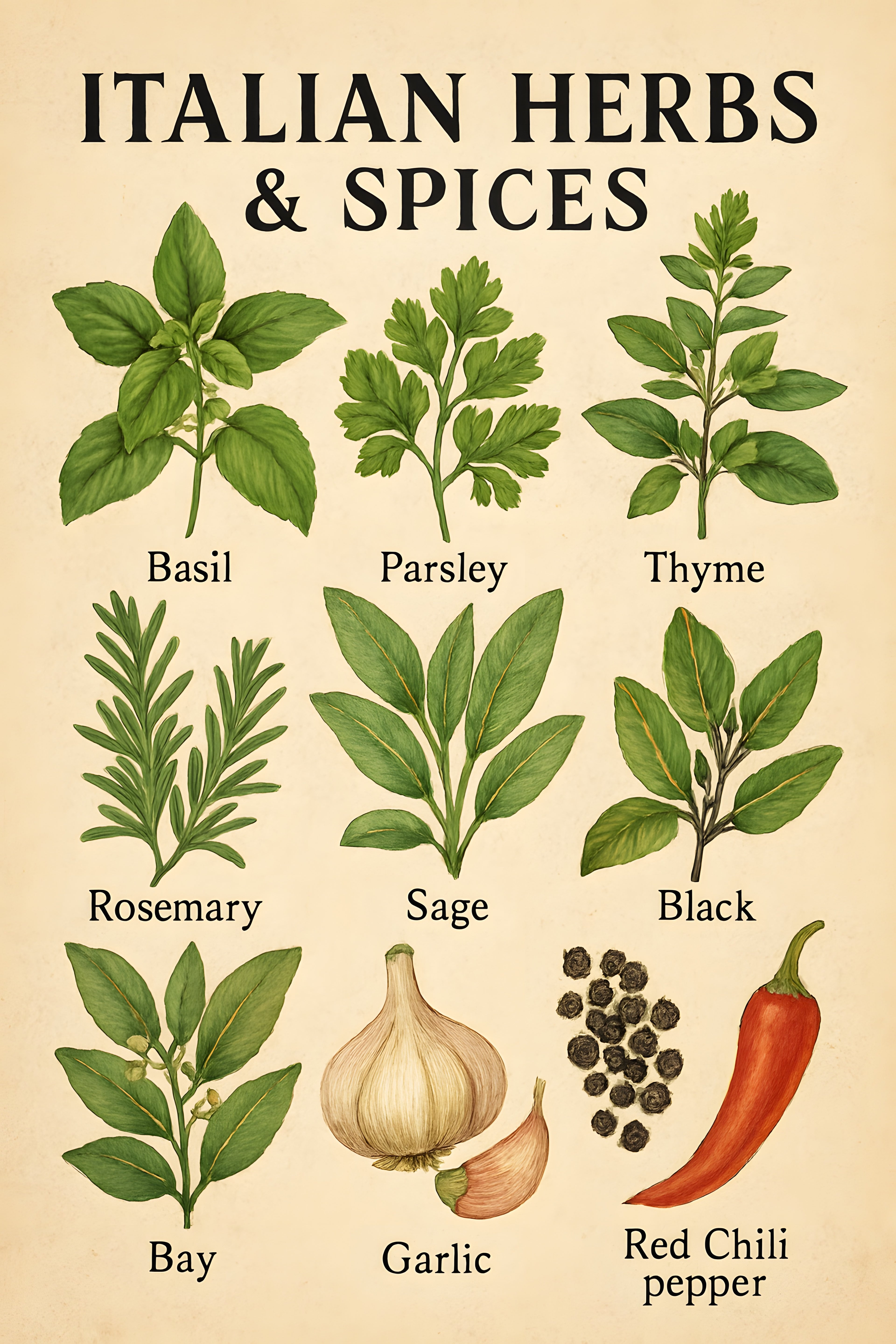 Vintage-style illustration of Italian herbs and spices wi... | Printable Wall Art | Instant Download