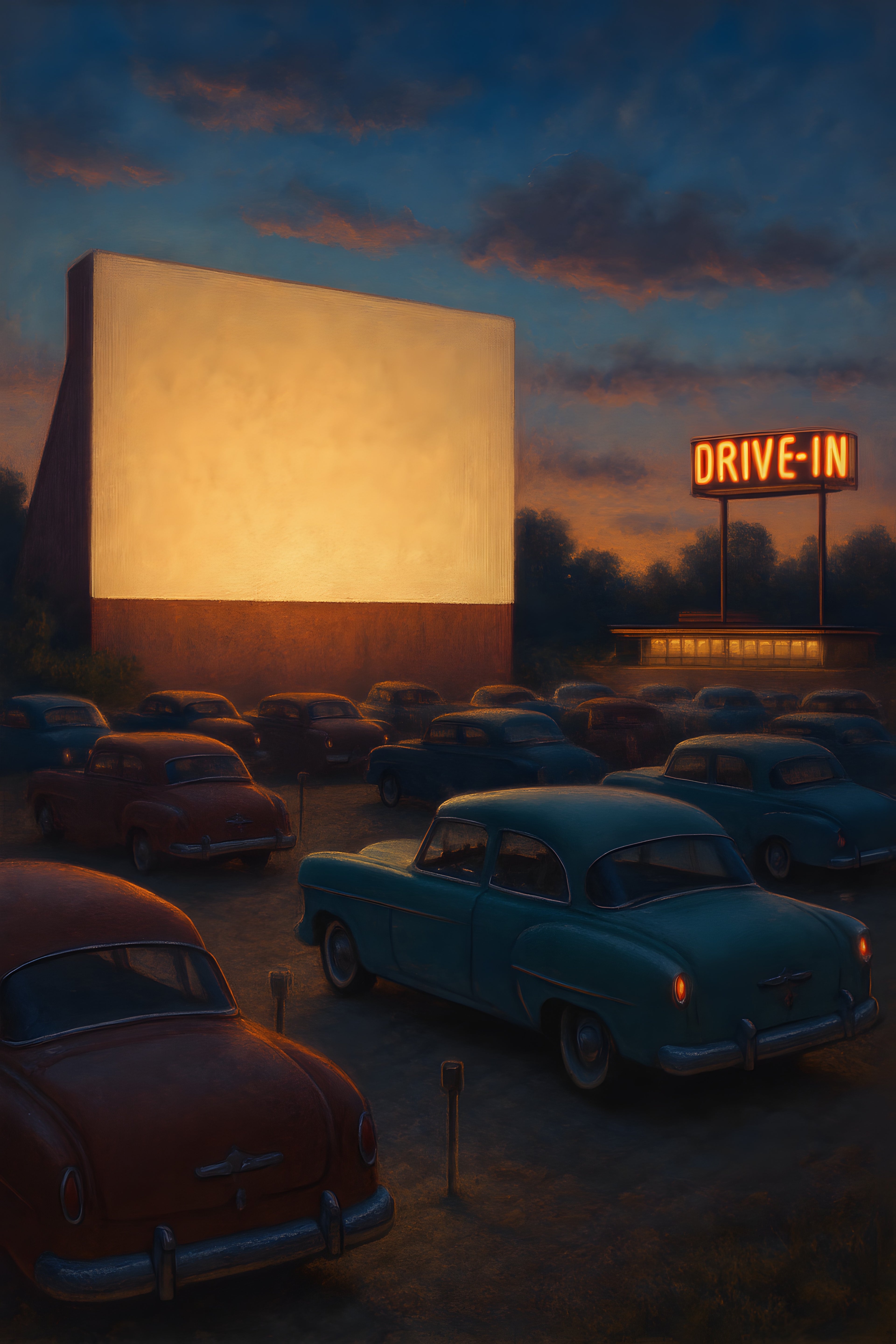Retro drive-in movie theater at dusk | Printable Wall Art | Instant Download