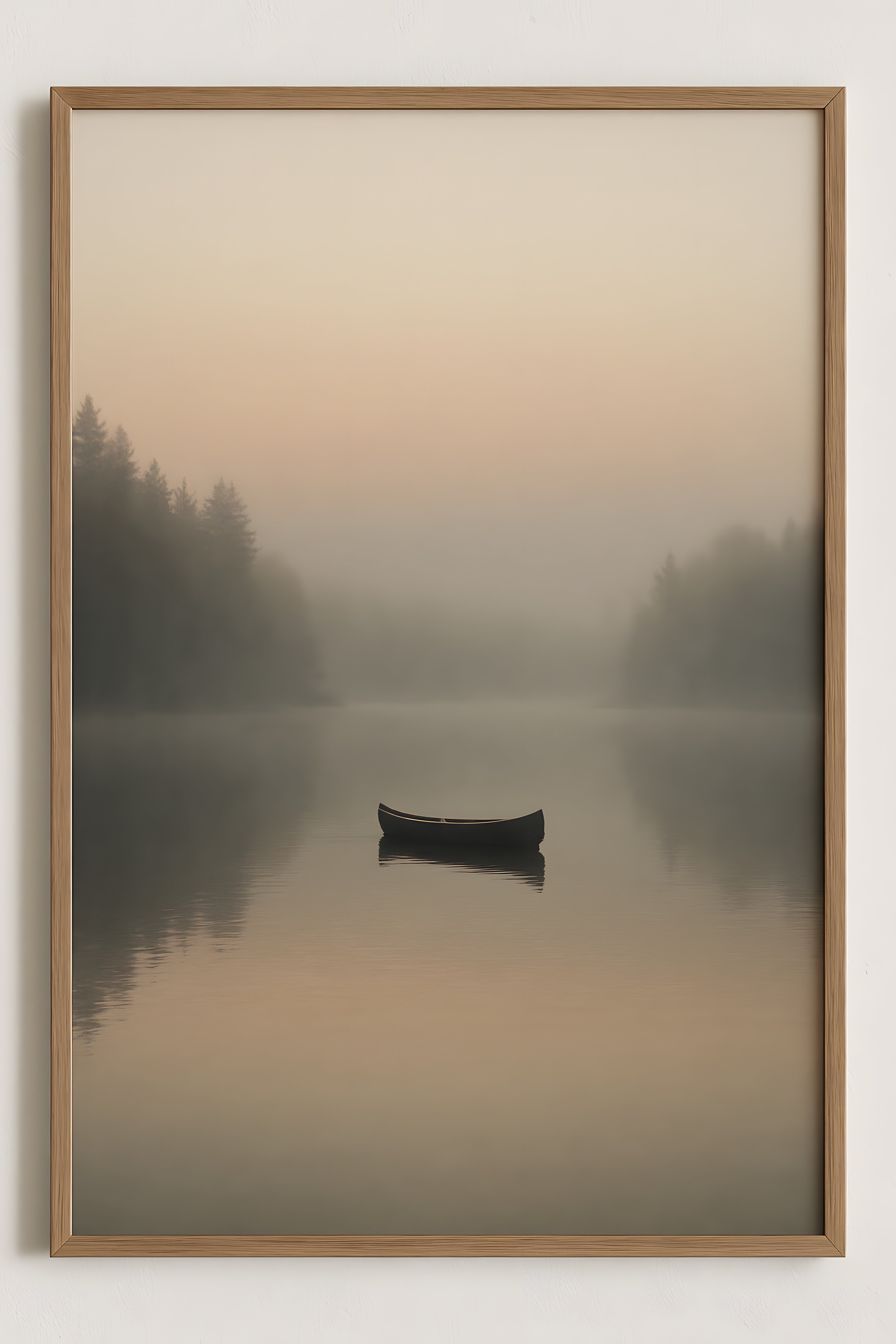 Foggy lake at dawn with lone canoe | Printable Wall Art | Instant Download