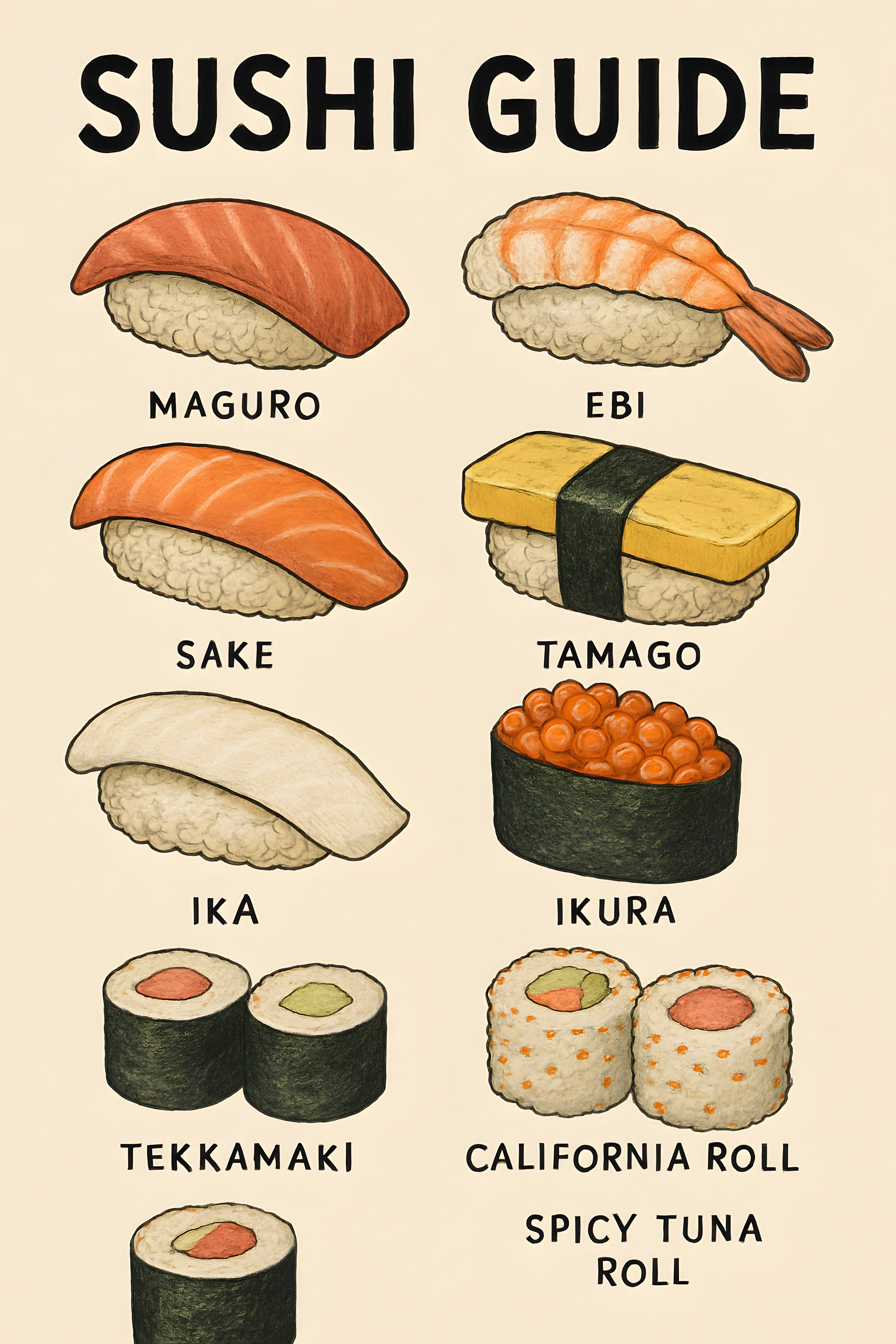 Retro sushi guide illustration with labeled nigiri and ro... | Printable Wall Art | Instant Download