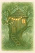 Whimsical treehouse illustration with fairy lights and bu... | Printable Wall Art | Instant Download