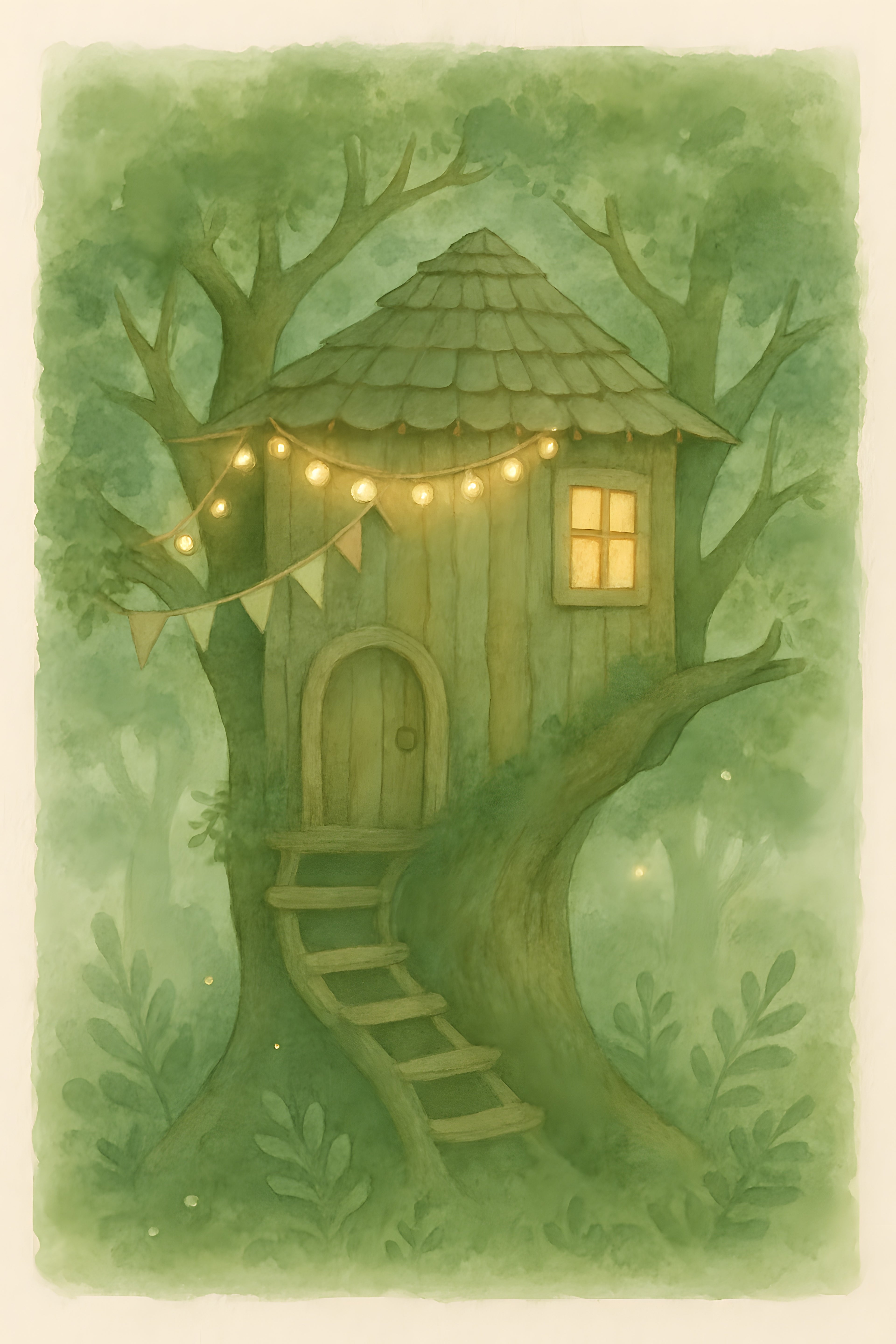 Whimsical treehouse illustration with fairy lights and bu... | Printable Wall Art | Instant Download