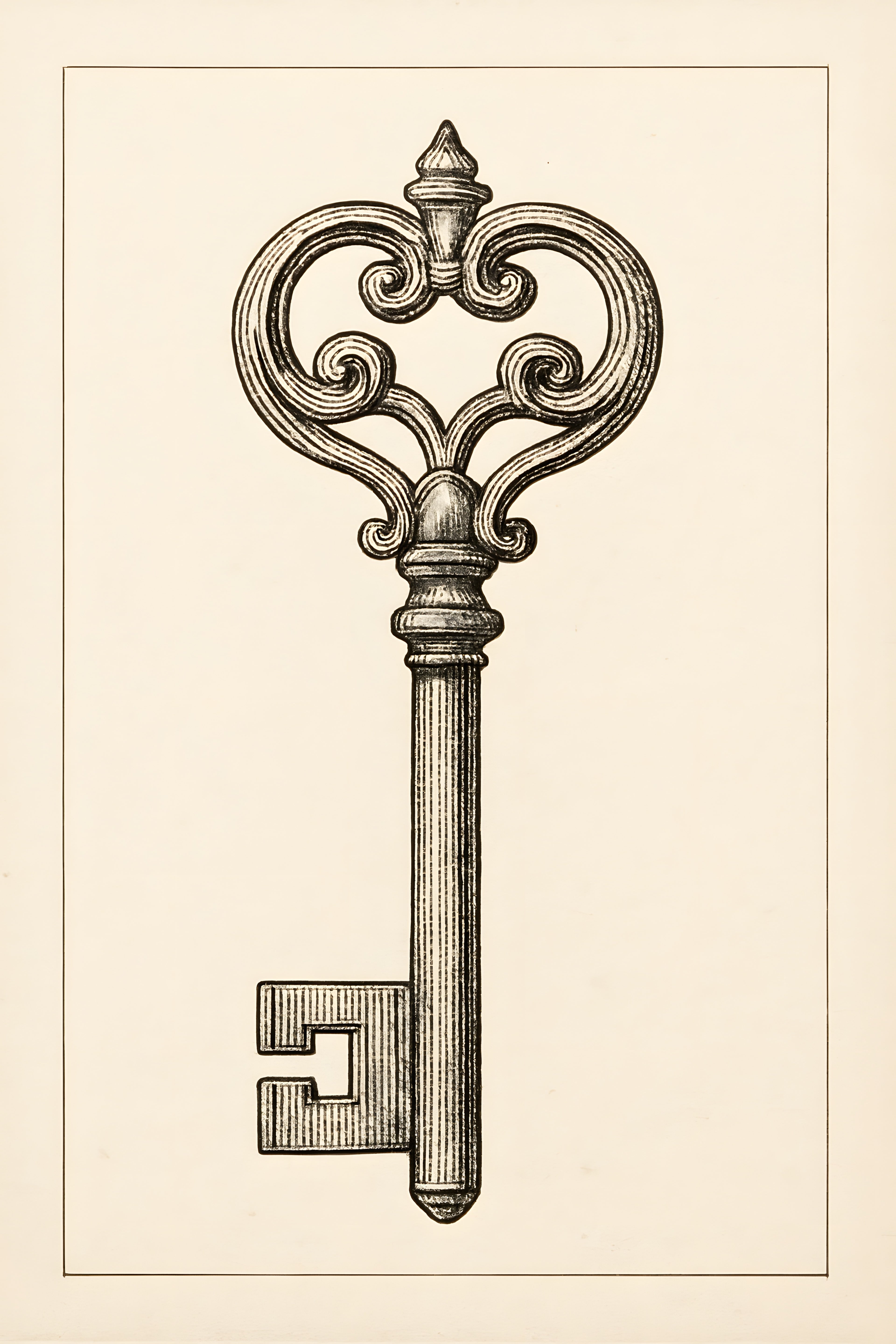 Fine line drawing of an antique key with ornate bow | Printable Wall Art | Instant Download