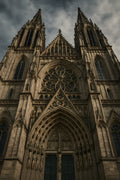 Gothic cathedral facade in dramatic upward perspective | Printable Wall Art | Instant Download