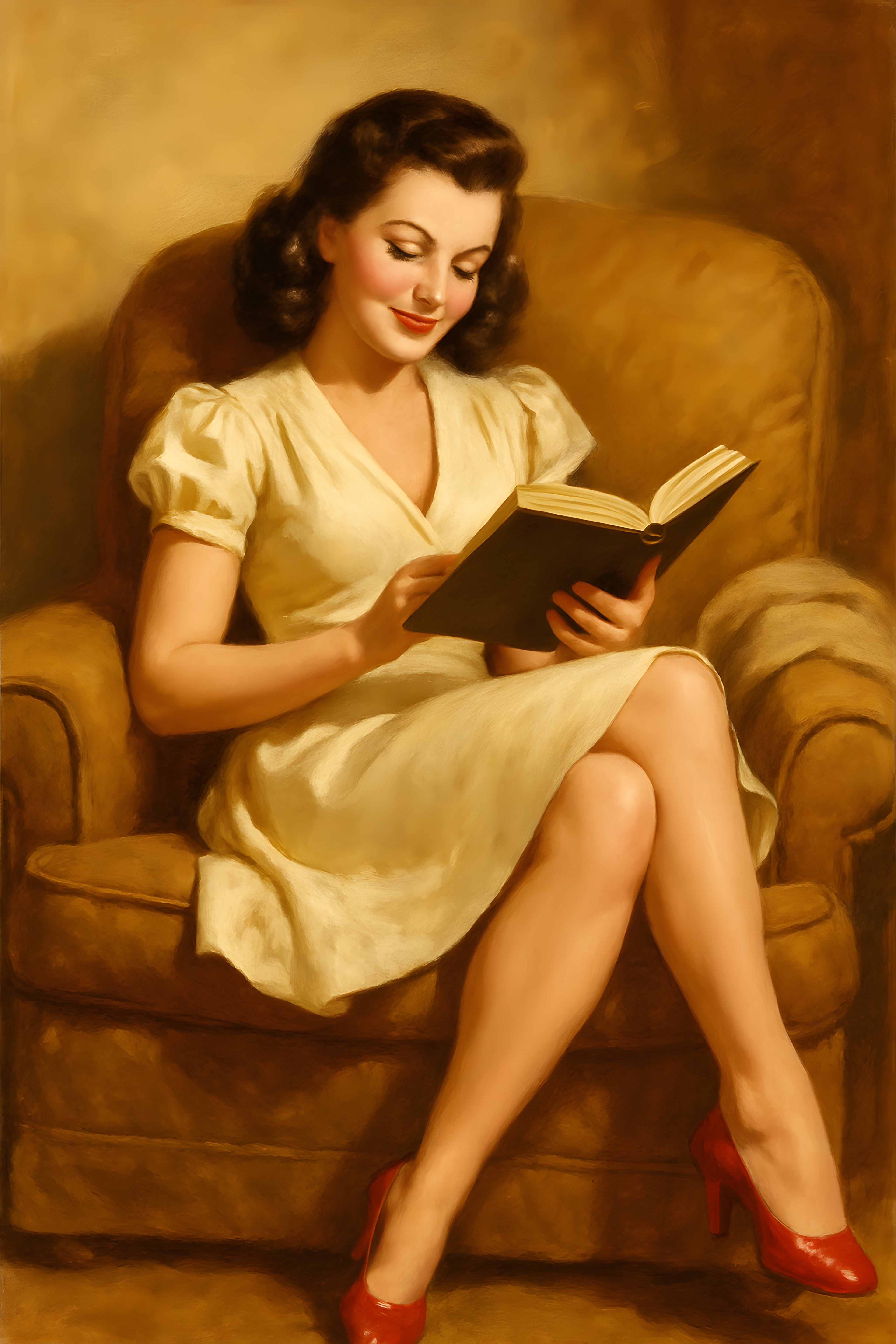 1940s pin-up style illustration of woman reading book in ... | Printable Wall Art | Instant Download