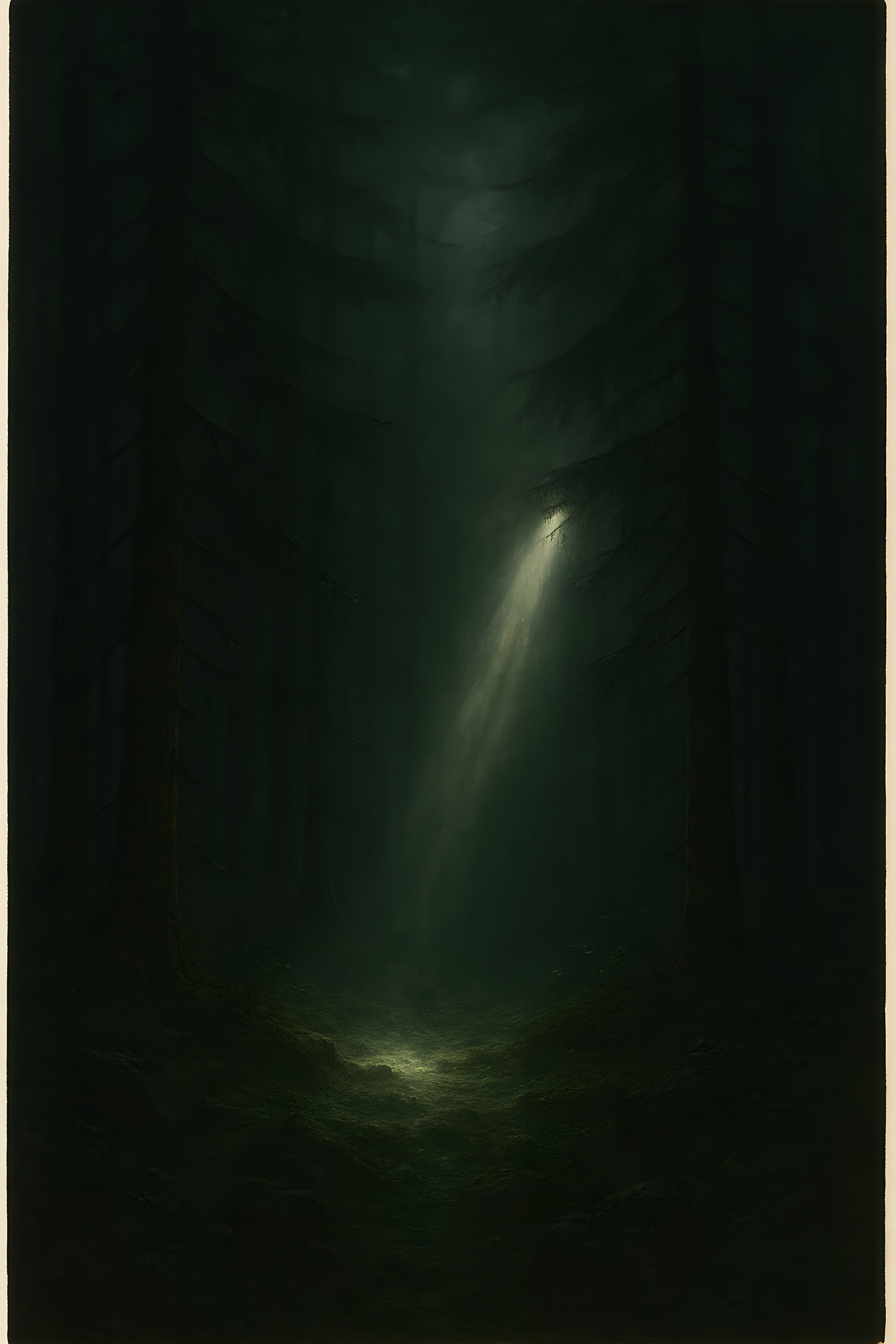 Dark forest with single ray of light breaking through canopy | Printable Wall Art | Instant Download