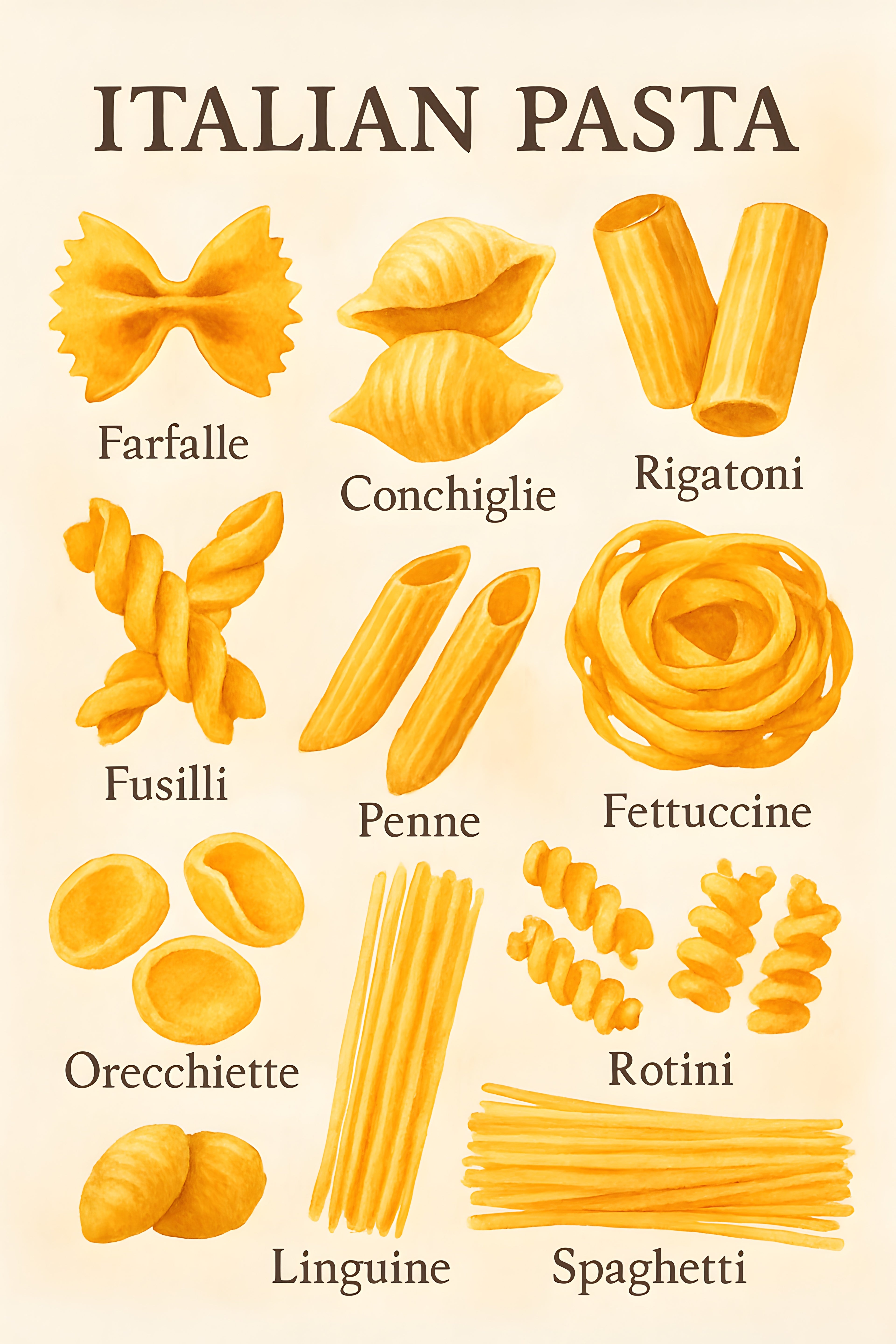 Watercolor Italian pasta shapes guide with labels | Printable Wall Art | Instant Download