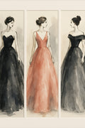 Triptych of fashion illustrations: three elegant figures ... | Printable Wall Art | Instant Download